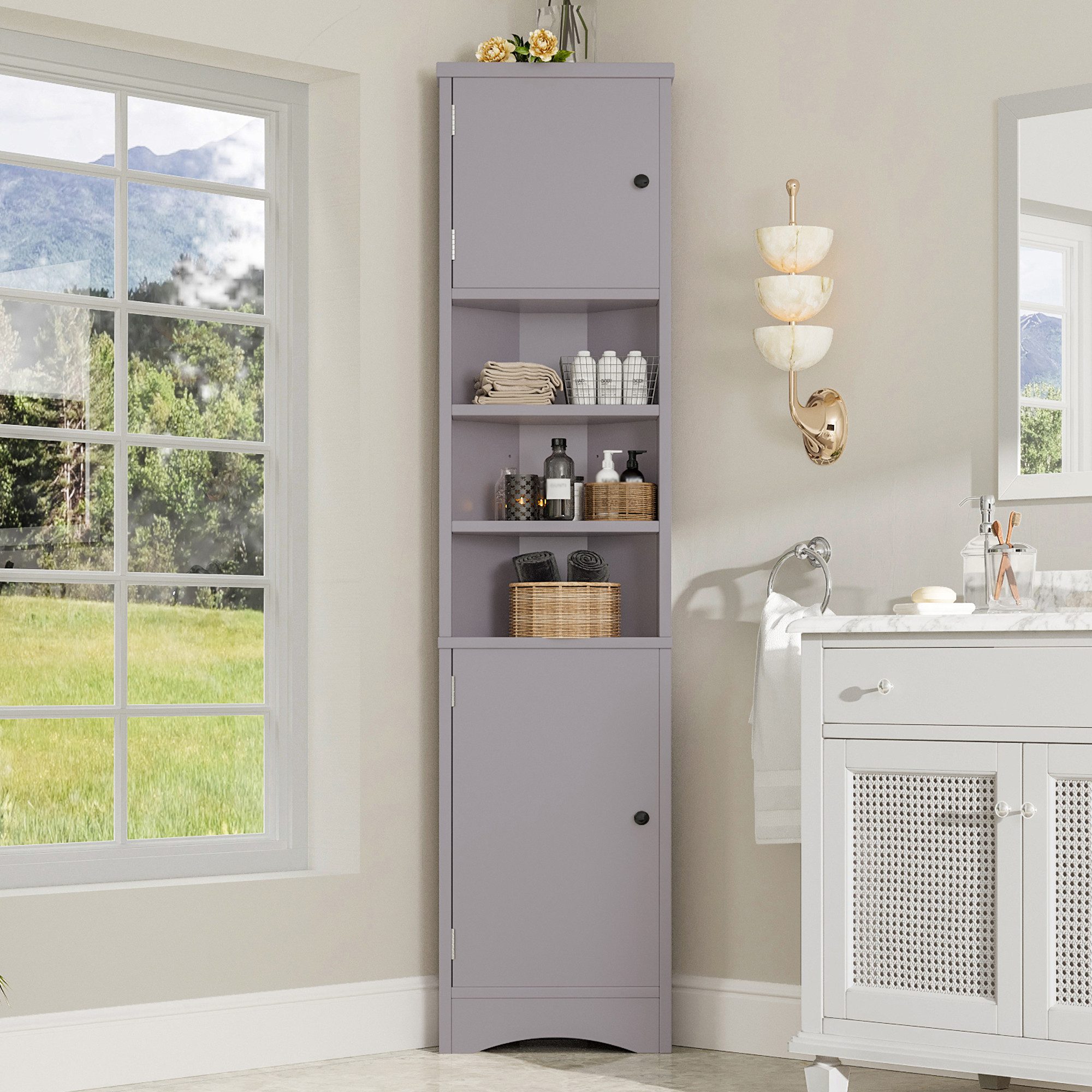 EXTSUD Badkommode Badkommode Eckschrank 37x24,5x170 cm, 2 Türen, feuchtigkeitsbeständig (Doppeltüren, verstellbare Einlegeböden, platzsparend), feuchtigkeitsbeständiger Lack, drei offene Ablagefächer