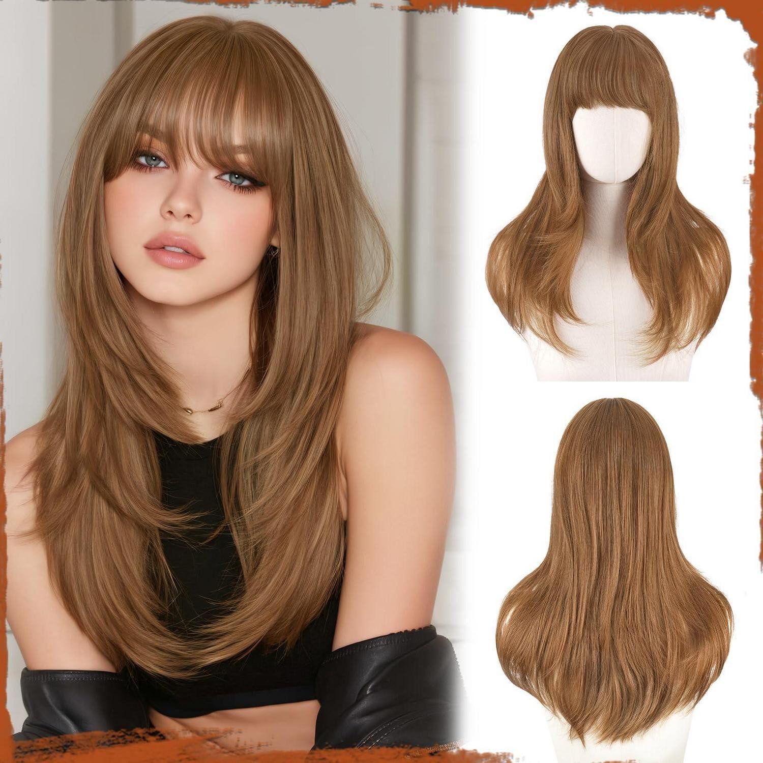 LuxusKollektion Kunsthaarperücke Perücke Pony lang synthetisch wellig 60cm Halloween Fransen Rotblond