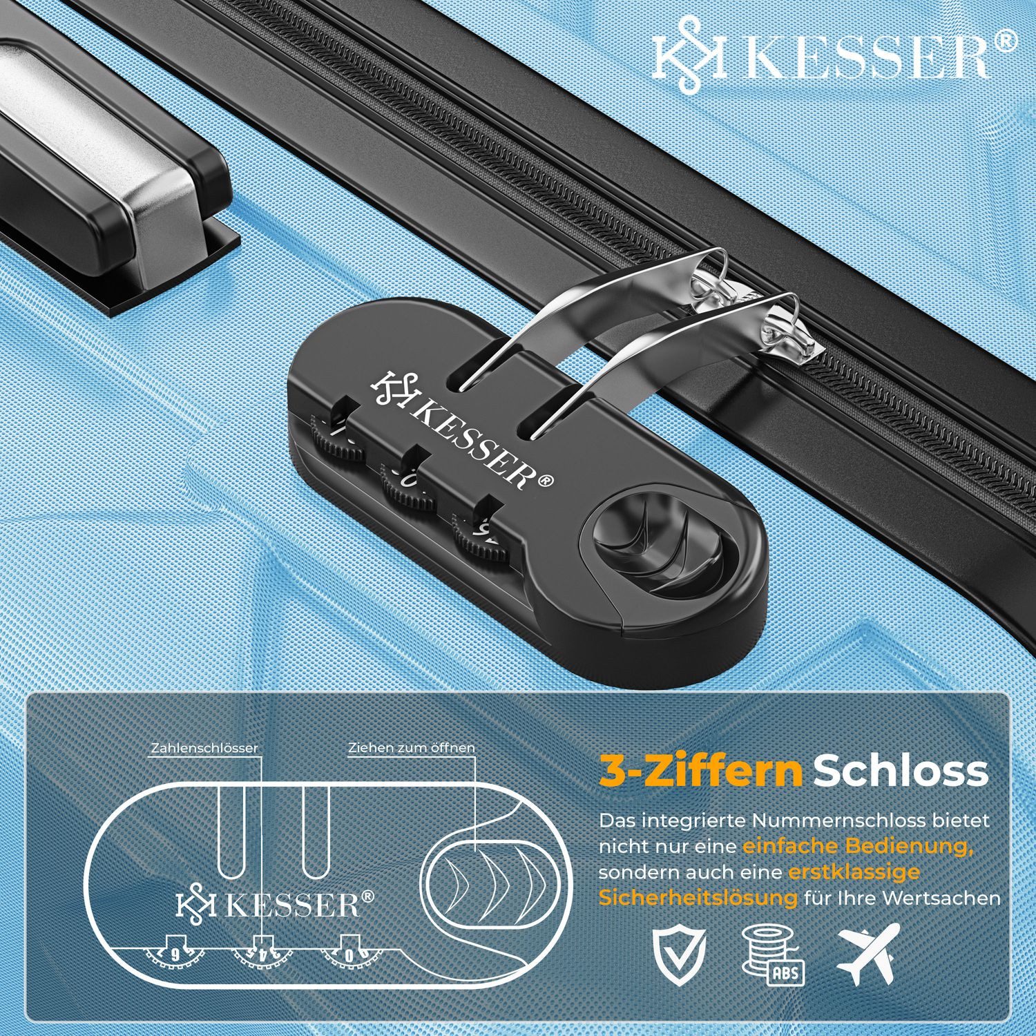 KESSER Kofferset, 4-teilig ABS Hartschalenkoffer mit Zahlenschloss, Waage & Brieftasche