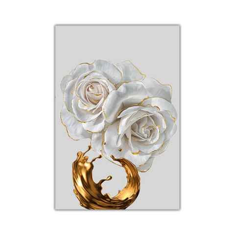 TPFLiving Kunstdruck (OHNE RAHMEN) Poster - Leinwand - Wandbild, Weiße Rose mit goldenem Blatt - (3 Motive und in 19 Größen zur Auswahl - Günstiges 3-er Set), Farben: Gold, Weiß - Größe: 40x60cm