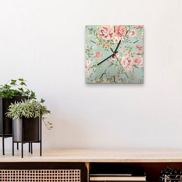 DEQORI Wanduhr 'Tapete mit Blumenmuster' (Glas Glasuhr modern Wand Uhr Design Küchenuhr)