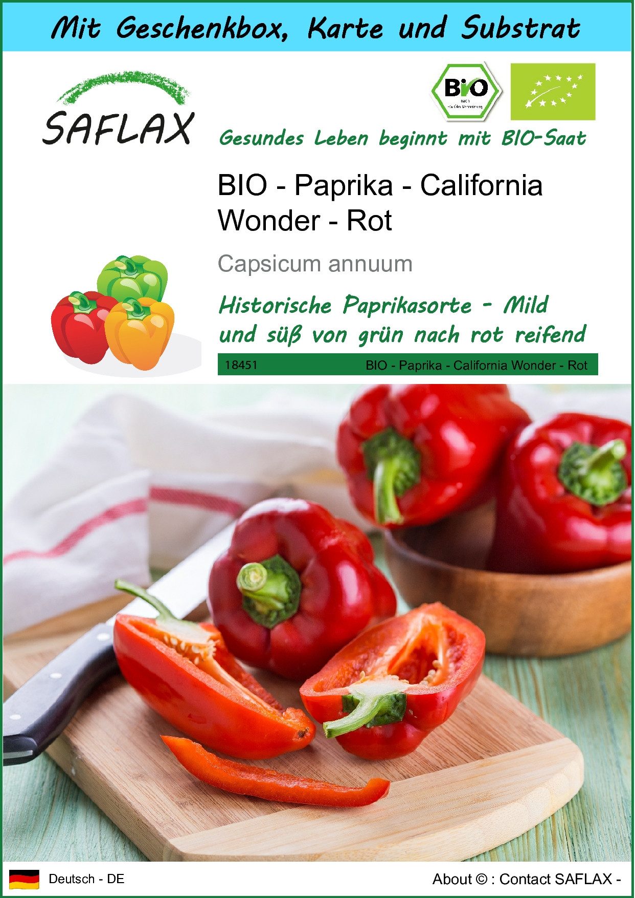Gemüsesamen SAFLAX - Geschenkset - BIO - Paprika - California Wonder - Rot