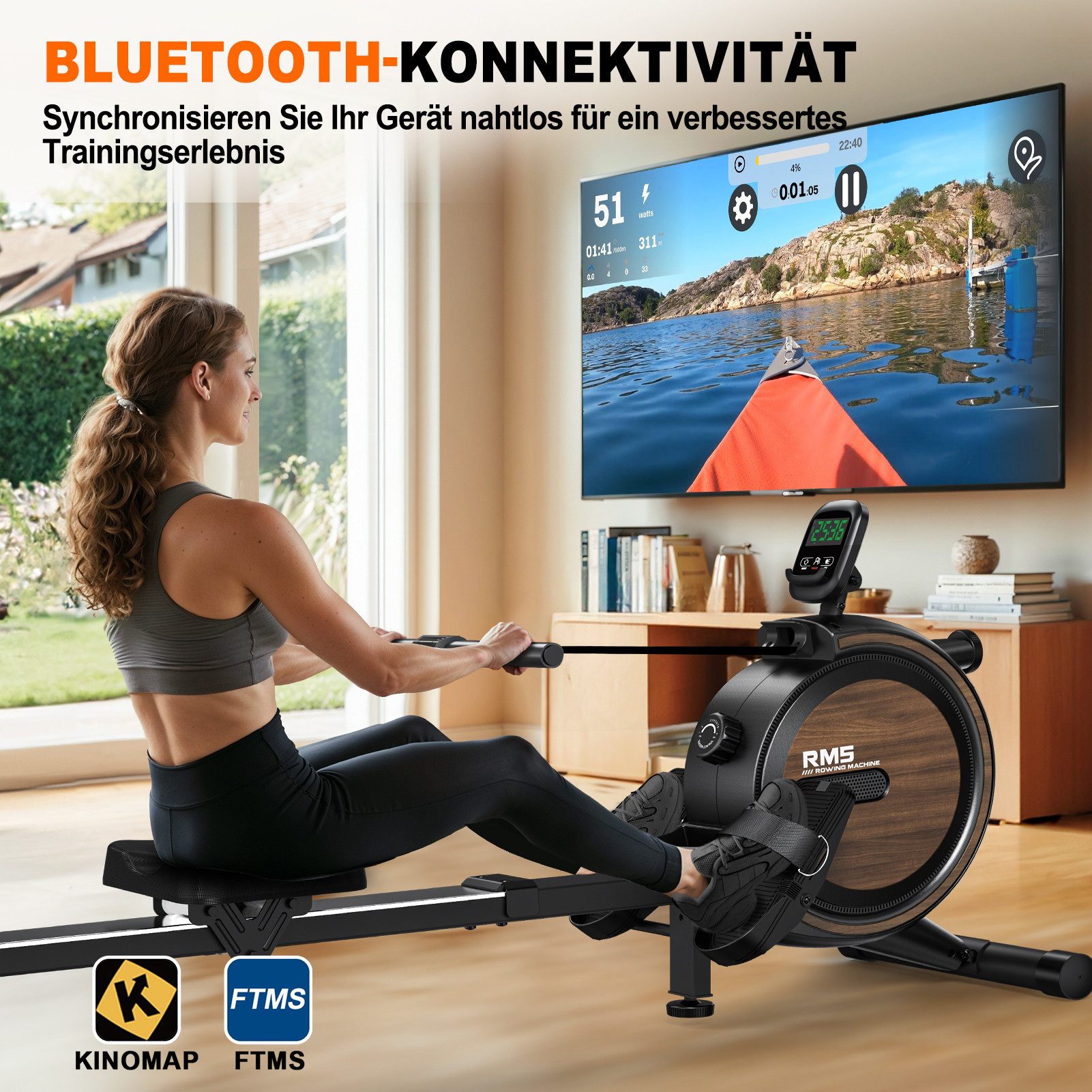 VOWVIT Rudergerät für Zuhause Magnetische Rudermachine mit Bluetooth, & 16-Stufigem Verstellbaren Widerstand - 150KG Gewichtsbelastung