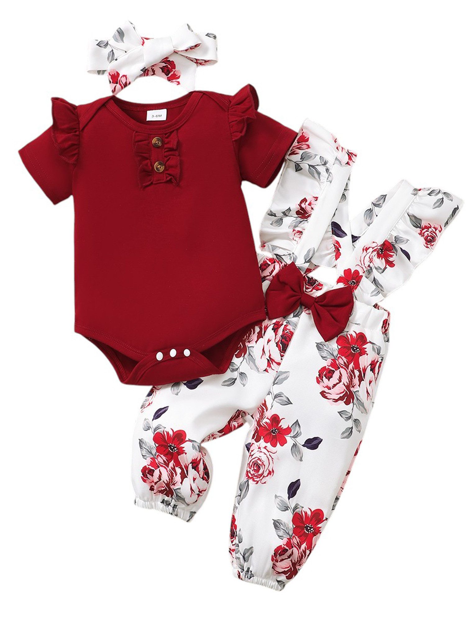 Gluckids Strampler Baby Mädchen Blumen Kleidungsset Strampler +Latzhose +Stirnband Outfit (3-tlg) Neugeborene Baby Kurzarm Overalls Sets Sommer Täglich Freizeitanzug