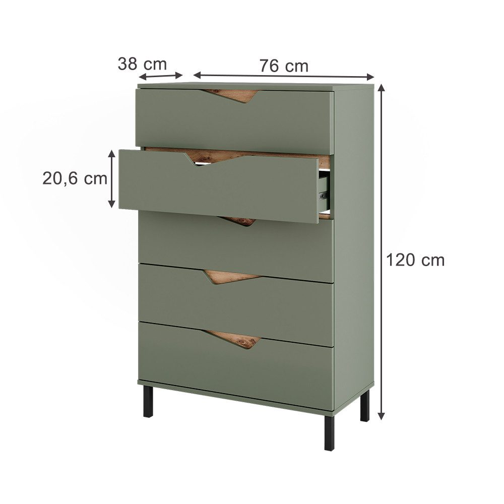 Vicco Kommode Marelle, Grün/Artisan, 76 x 120 cm mit 5 Schubladen (1 St)