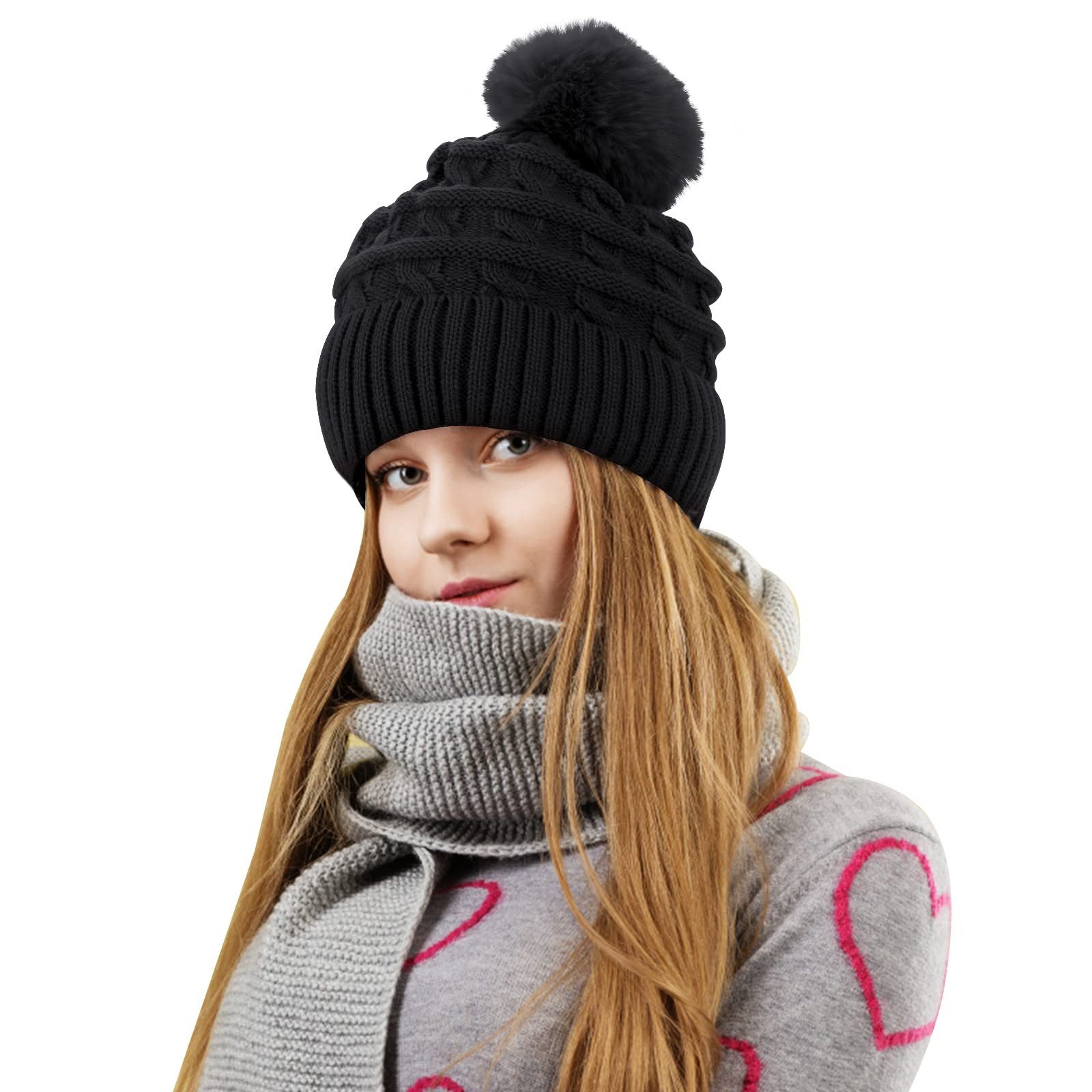 Coonoor Bommelmütze Damen Wintermütze, Thermo-Fleece-gefütterte Mütze, Strickmütze Wollmützen mit Kunstfell-Bommel