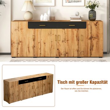 OBOSOE Sideboard Kommode in Eiche, Highboard Aufbewahrungsschrank 208 x 39.5 x 80 cm, Kommode mit 4 Türen, 2 Schubkästen, Fernsehschrank