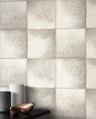 Newroom Vliestapete, Weiß Tapete Modern Fell - Quadrate Grau Creme Mustertapete Fliesenoptik Animal Print Industrial Bauhaus für Wohnzimmer Schlafzimmer Küche