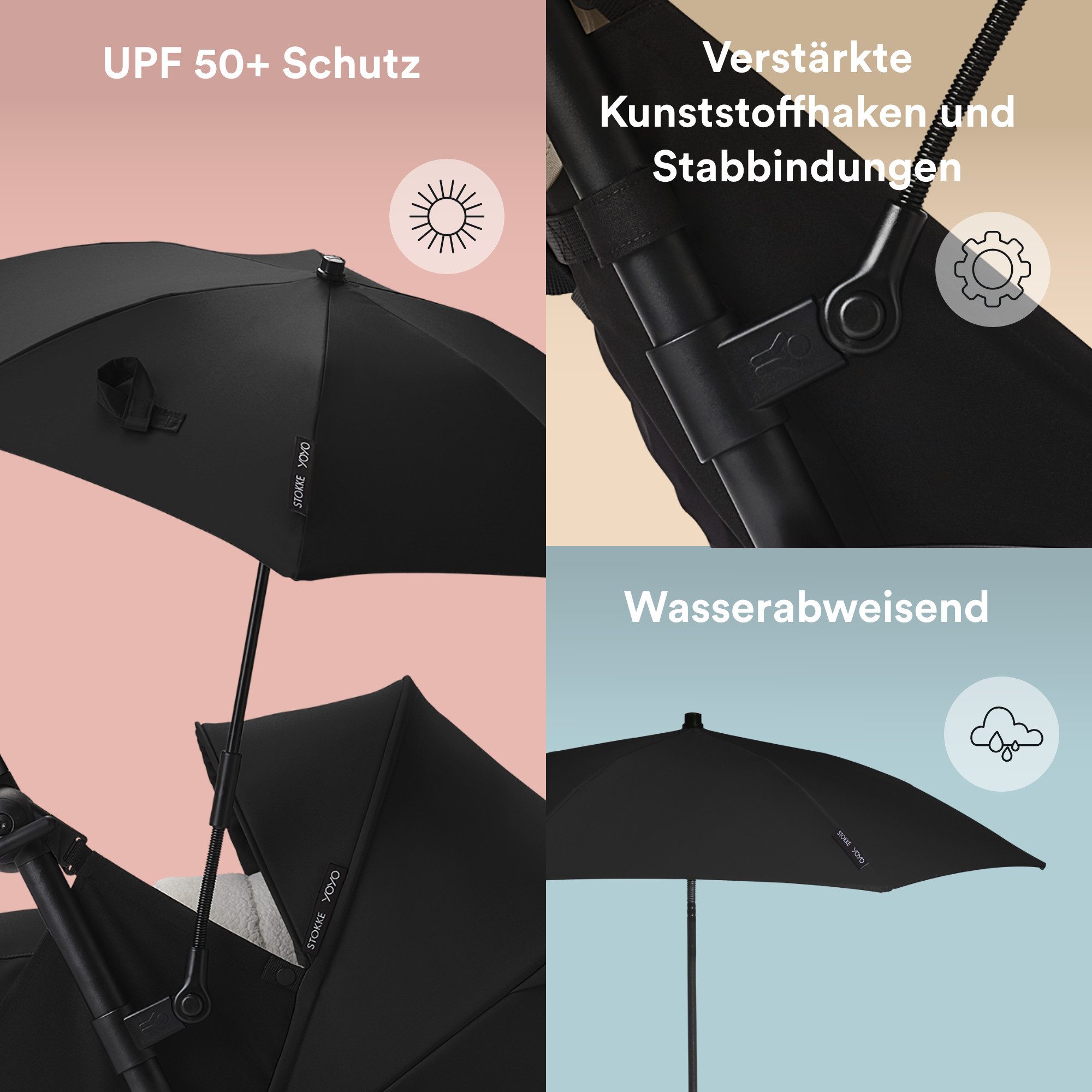 Stokke Kinderwagenschirm YOYO Sonnenschirm - UPF 50+ Schutz, verbesserte Deckkraft, YOYO Kinderwagen mit 0+ Neugeborenen Set, Liegewanne oder 6+ Textilset