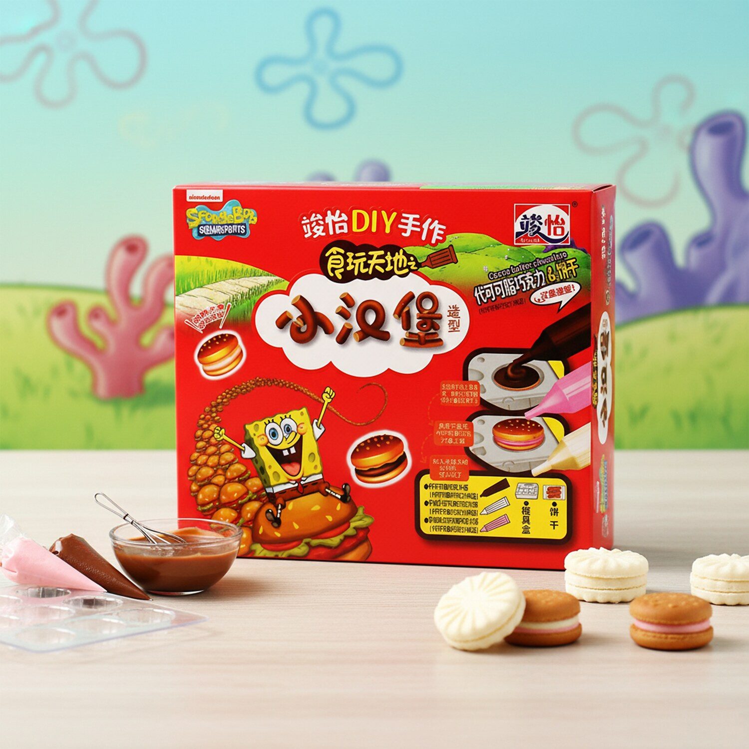 Sponge Bob Schokolade, 1 x 60 g, DIY SpongeBob Burger Schokoladen-Set – Kreatives Snack-Erlebnis