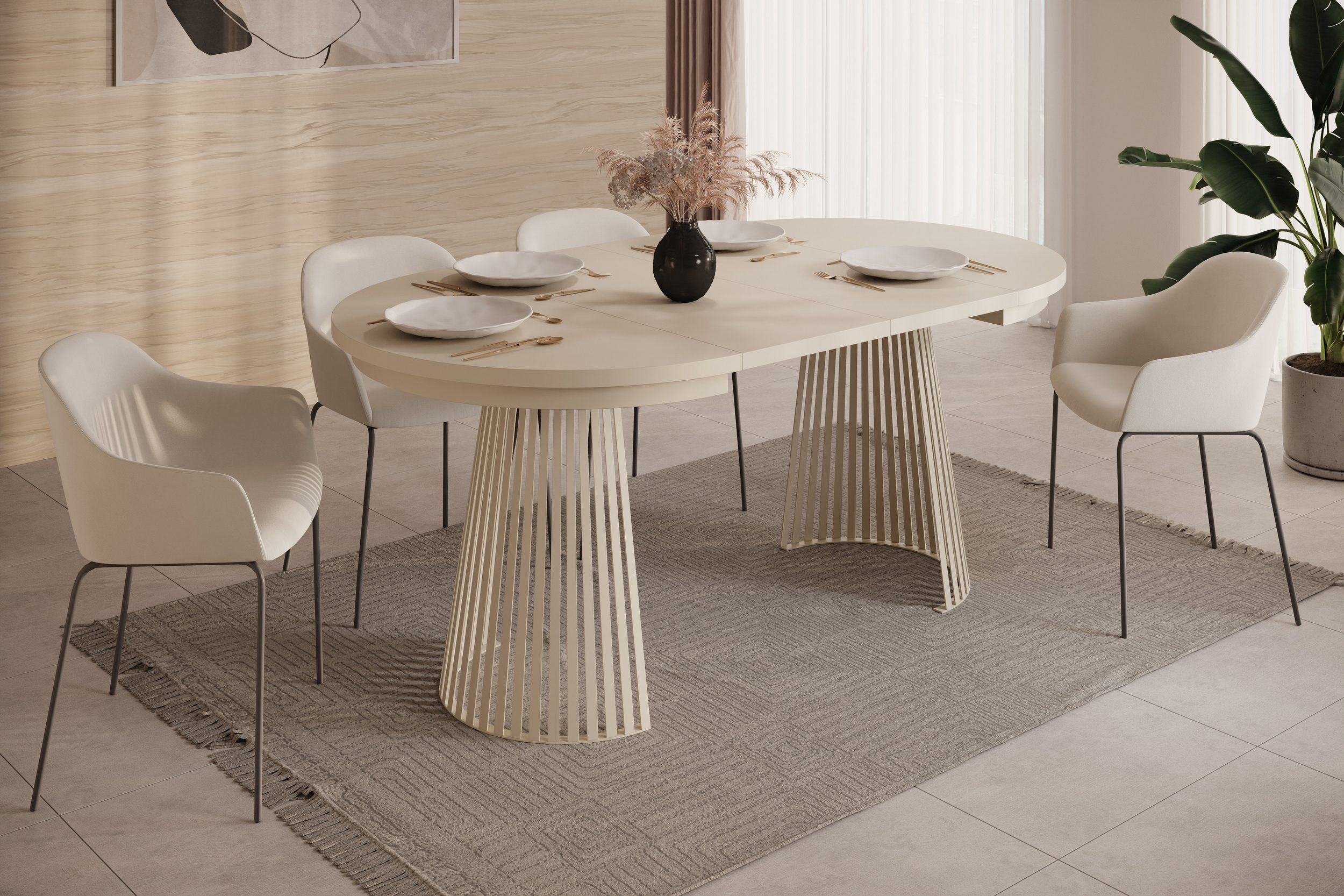 yourhouse24 Esstisch Garda Ø 100-180 cm ausziehbar, Metallgestell in Lamellen-Optik, Gestell in Lamellen-Optik