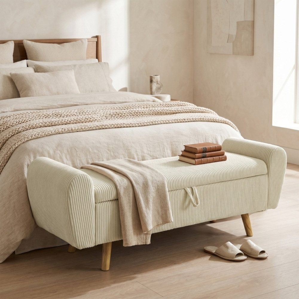 OKWISH Sitzbank Polsterbank Beige mit Stauraum und Cord-Optik für Zuhause (Packung, 1-St., Praktische Aufbewahrungslösung für Flur, Schlafzimmer und Wohnbereich), Gepolsterte Bank mit Holzfüßen und gerollten Armlehnen