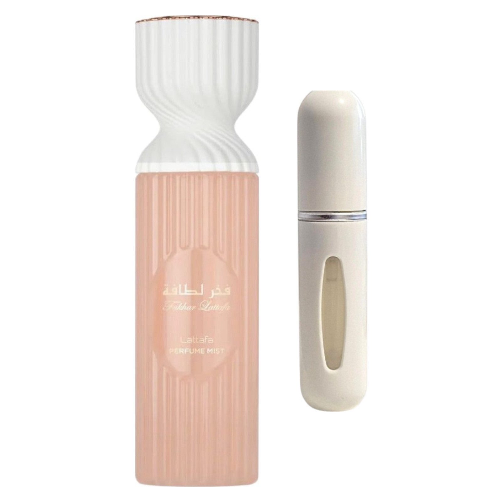 Lattafa Duft-Set Fakhar for Women Perfume Mist – Blumig + Parfümzerstäuber (leer)