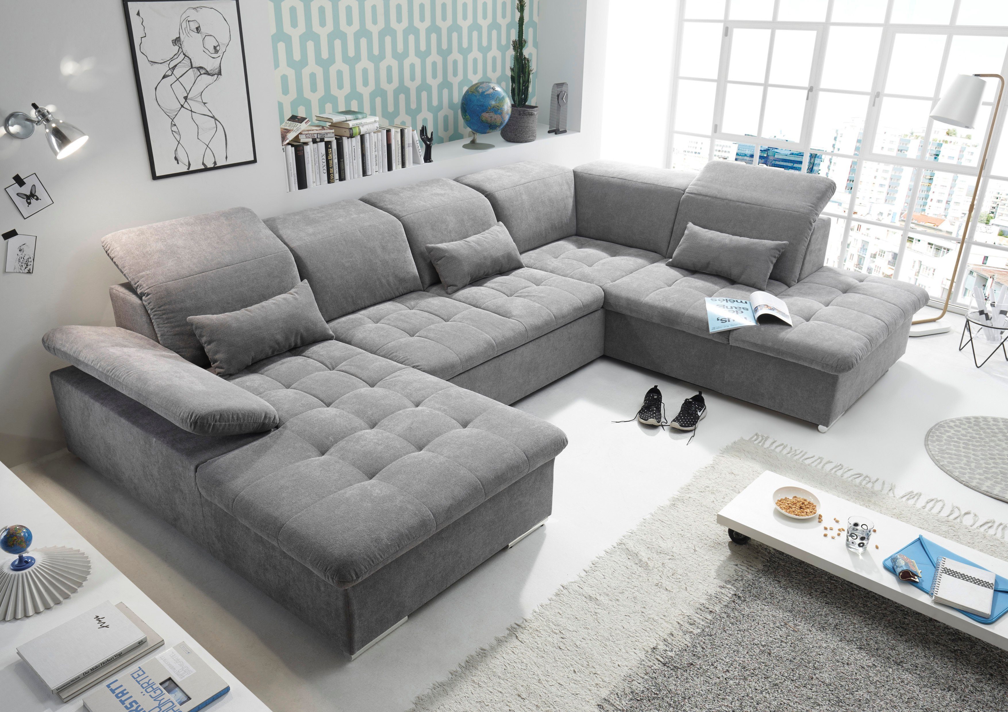 ED EXCITING DESIGN Wohnlandschaft Wayne U-Form mit Bettfunktion, Bettkasten, Arm- und Kopfteilverstellung & 3 Nierenkissen