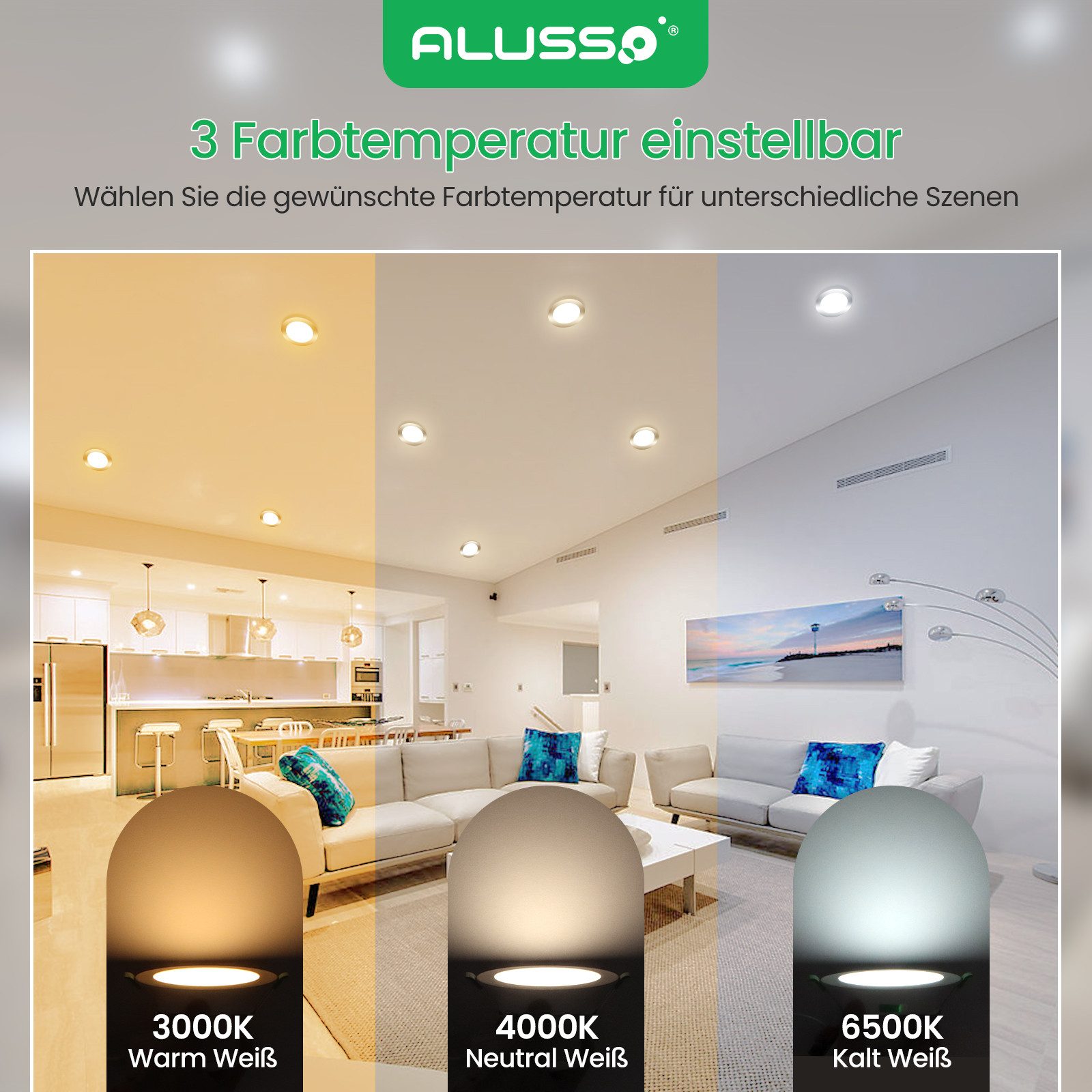 ALUSSO LED Einbaustrahler 6er-Set, Decken Leuchte, Flach Strahler für Bad, Wohnzimmer, 230V, 4W, 55-68 mm, Rund, Nickel