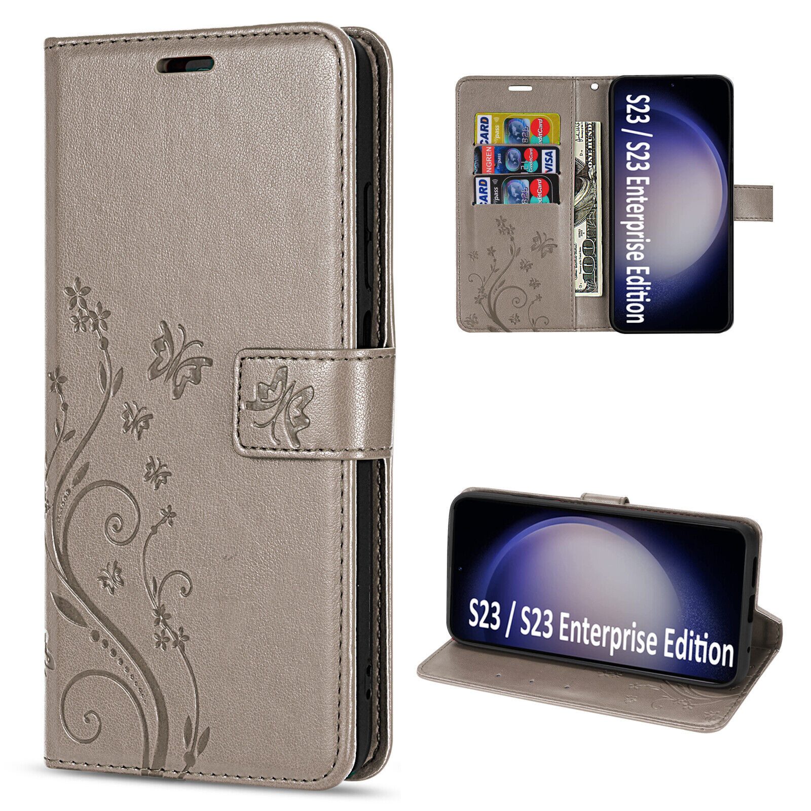 betterfon Handyhülle Handytasche für Samsung Galaxy S23 Klapphülle Grau, Bookstyle-Hülle: Magnetverschluss 3 Kartenfächer & Standfunktion
