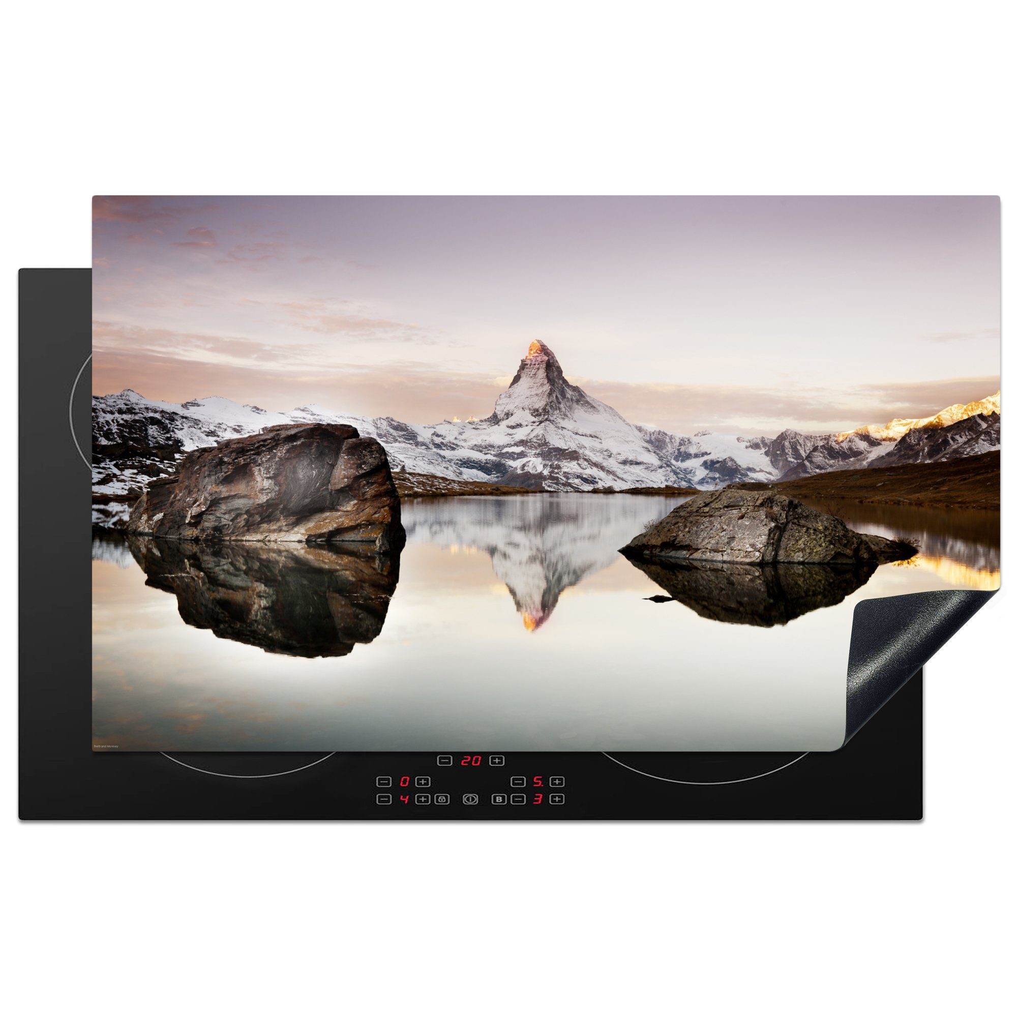 MuchoWow Herdblende-/Abdeckplatte Blick vom Stellisee auf das Matterhorn in der Schweiz, Vinyl, (1 tlg), 83x51 cm, Ceranfeldabdeckung, Arbeitsplatte für küche