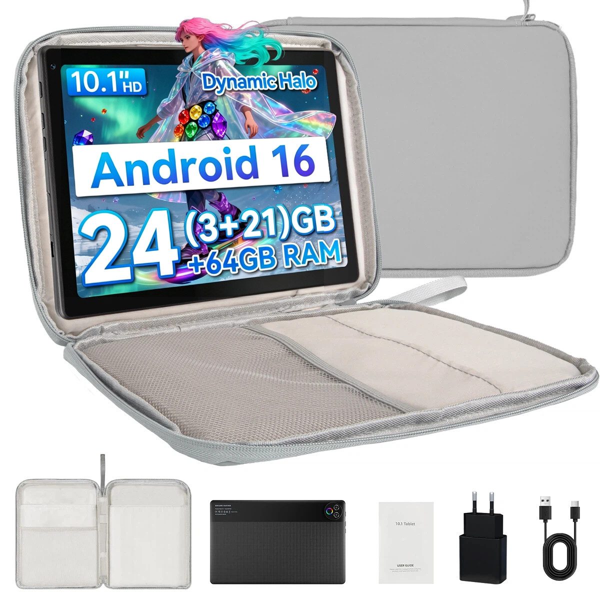 BUFO 10-Zoll-Tablet, 64GB, Android 16, HD IPS-Touchscreen, 6000mAh Tablet (10", 64 GB, Android 16, WiFi, mit Praktischen Tasche, Android 16, 24 (3+21) GB RAM)