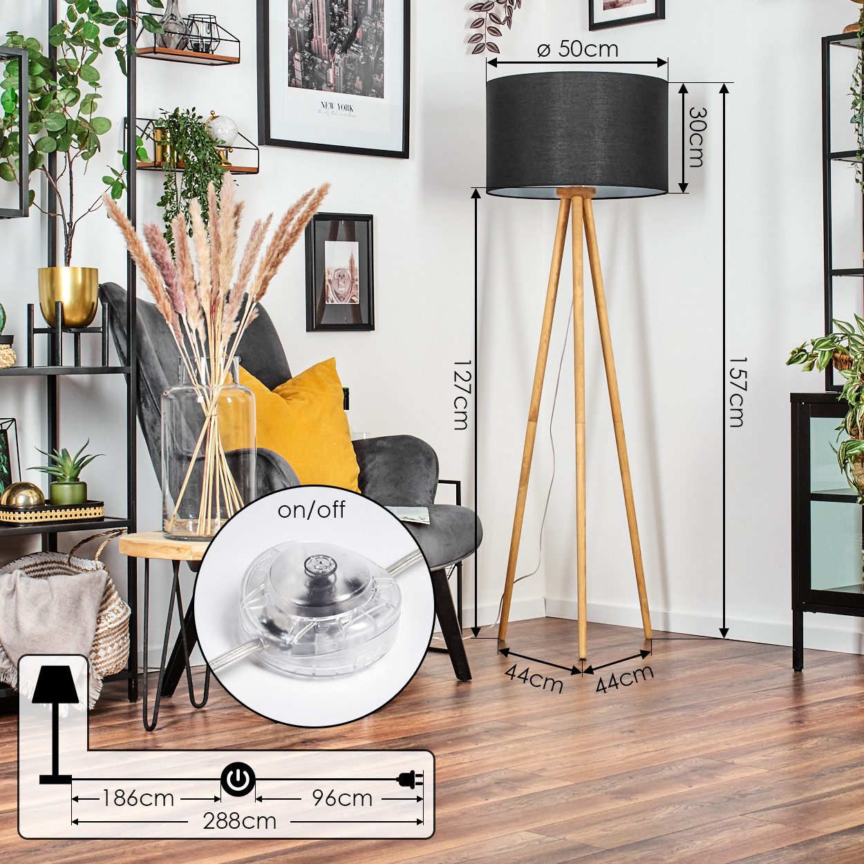 hofstein Stehlampe Stehlampe mit Holzfuß und Schirm aus Stoff, ohne Leuchtmittel, Boho-Style, skandinavisches Design (50 cm), Fußschalter, 1 x E27