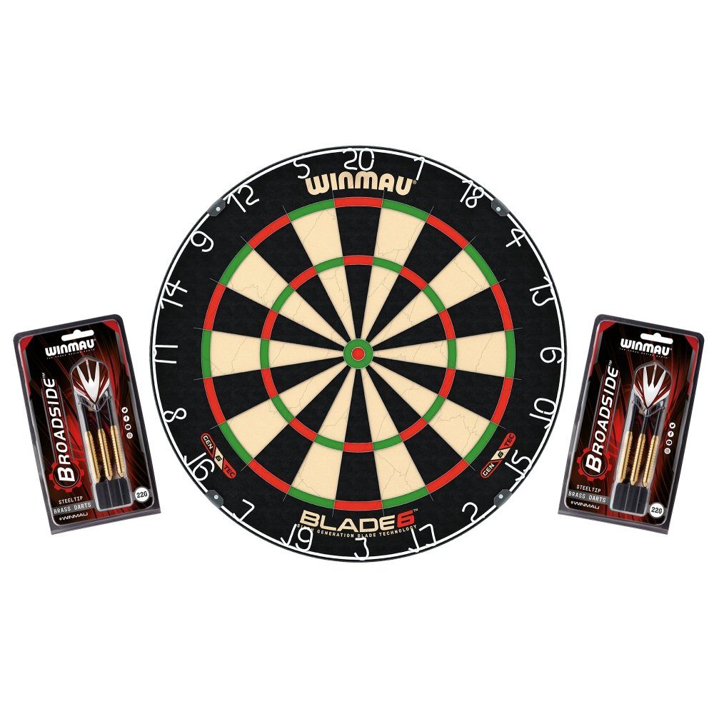 Winmau Dartscheibe Dartboard Original Blade 6 + 2 Steeldart Sets Broadside Brass, (Spar-Set, mit Dartpfeilen)