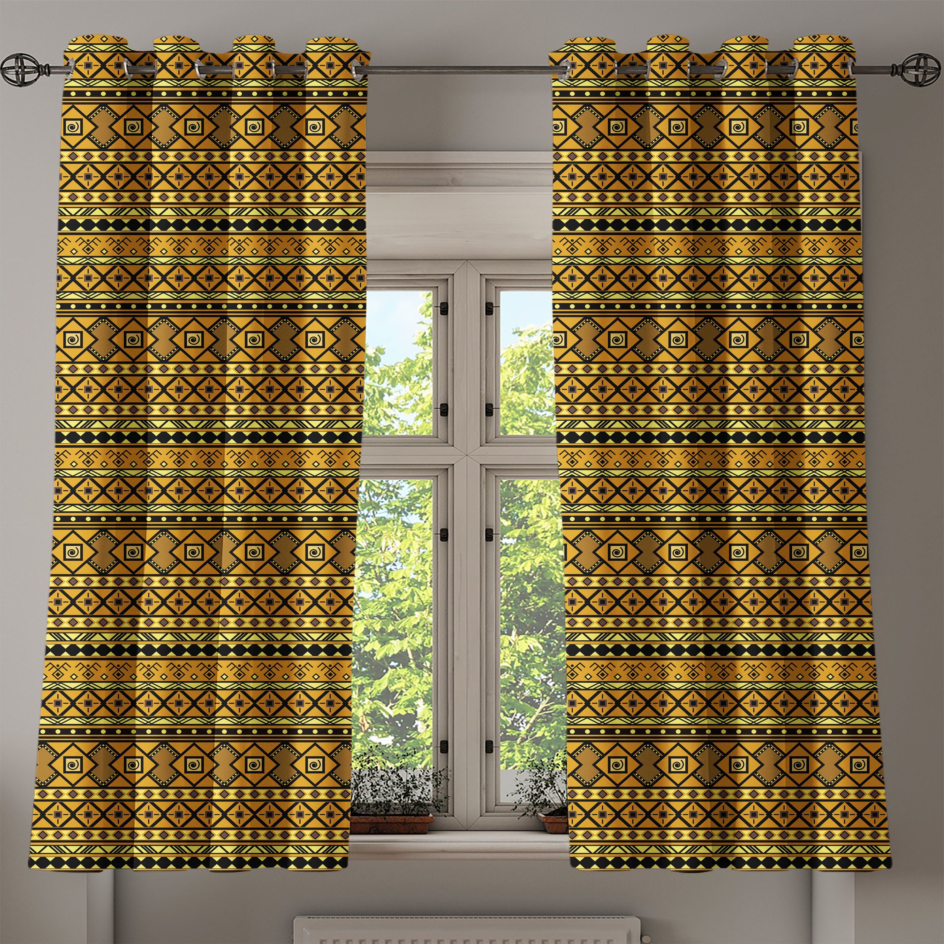 2-Panel-Fenstervorhänge Abakuhaus, Stammes für Wohnzimmer, Dekorative Gardine geometrische Folk Schlafzimmer