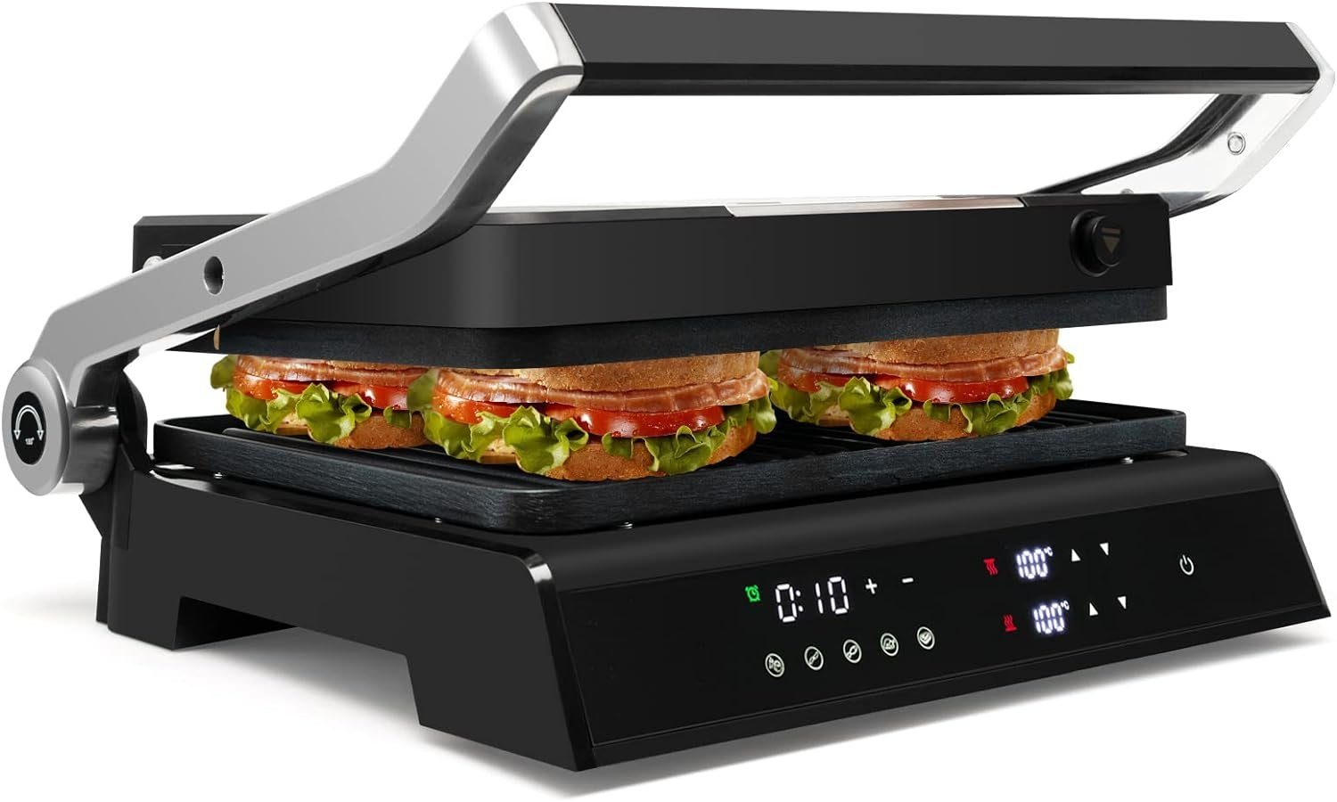 KOMFOTTEU Kontaktgrill Panini Pressgrill, 2000,00 W, 0-4H Timer, LED-Anzeige, 180° aufklappbar