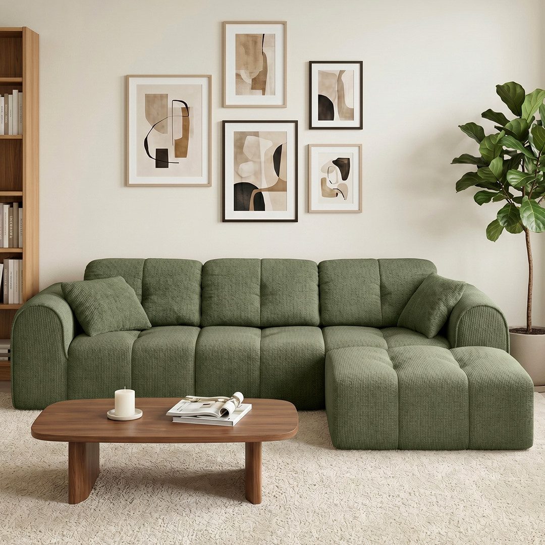 skølm Sofa Vanaheim, Vollschaumcouch gepolstert, Couch vakuumiert verpackt, Couch 3 Sitzer mit Hocker & 2 Kissen, dunkelgrün, kein Aufbau erforderlich