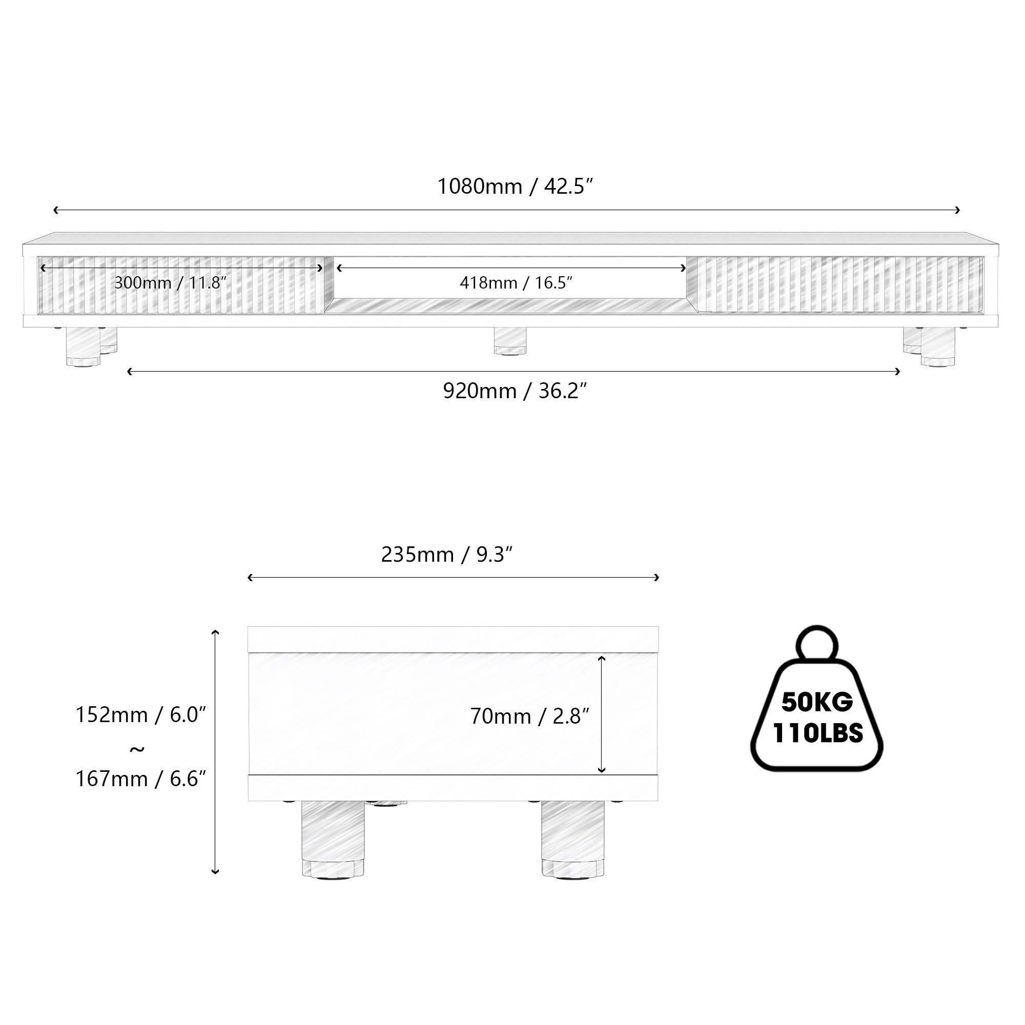 Fenge Monitorständer 108 cm breite Bildschirmerhöhung mit 2 Glas-Schiebetüren, (für 2 Monitore, höhenverstellbare Eisenbeine mit rutschfesten Fußmatten)