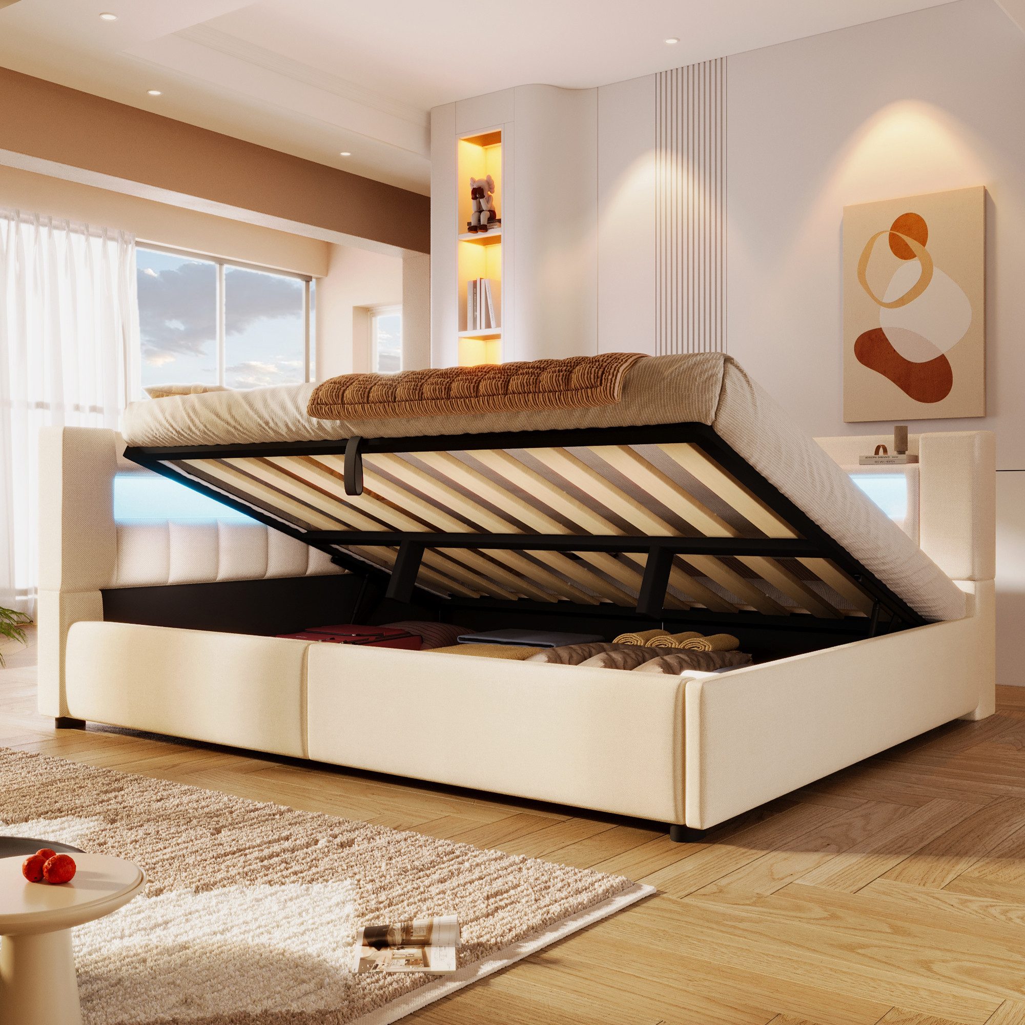 Merax Daybett 140x200cm mit LED-Beleuchtung & USB, Typ-C Ladefunktion (Jugendbett Schlafsofa Sofabett Einzel-Doppelbett, 1 tlg), Tagesbett mit hydraulischem Stauraum und Staufächern, Leinen