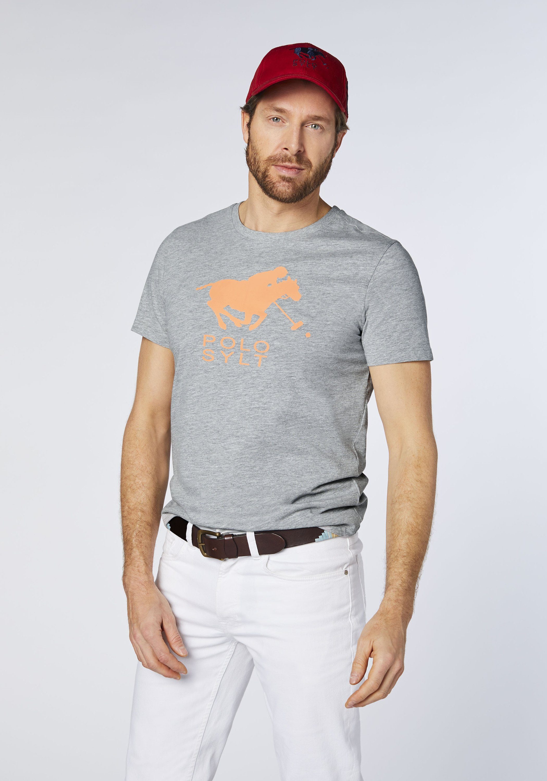 Gray Frontprint Melange Neutral Print-Shirt Neon 17-4402M mit Polo Sylt Logo