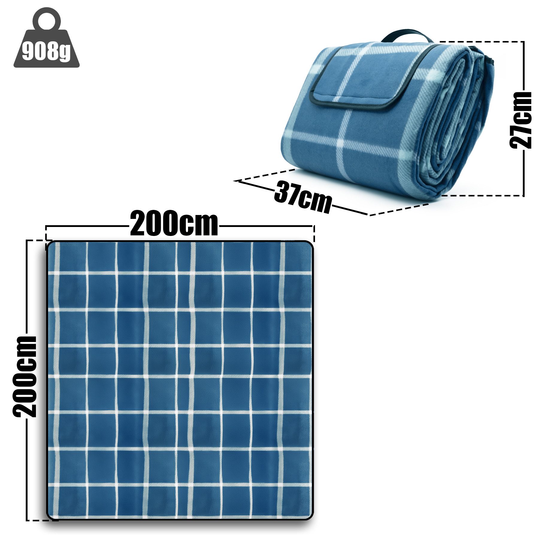 Picknickdecke 200x200 cm wasserabweisend Karo Design Hell ideal für Strand + Garten, BigDean, Wasserabweisend, Karo Design, Garten, Leicht, Robust, Pflegeleicht