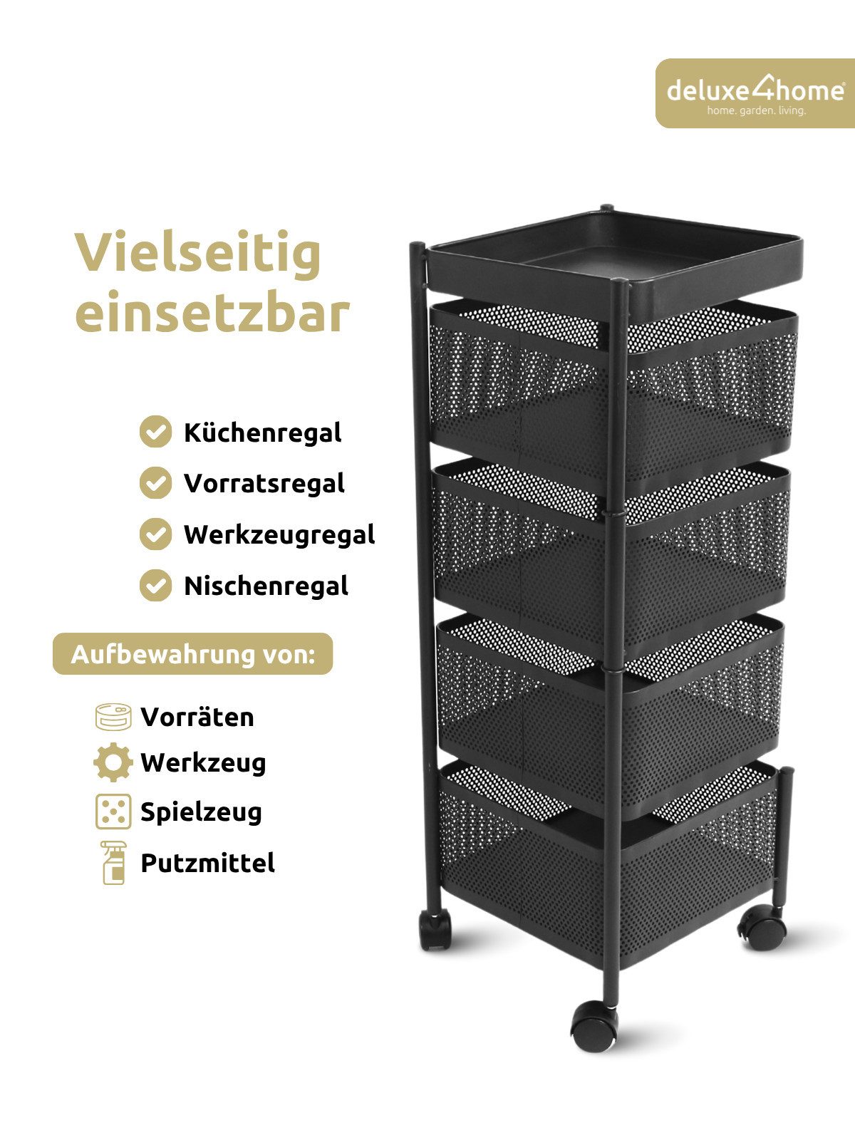 deluxe4home Rollwagen Küchenwagen mit 4 Ebenen I Rollbarer Aufbewahrungswagen, Schwenkbare Fächer – Bild 4 von 5