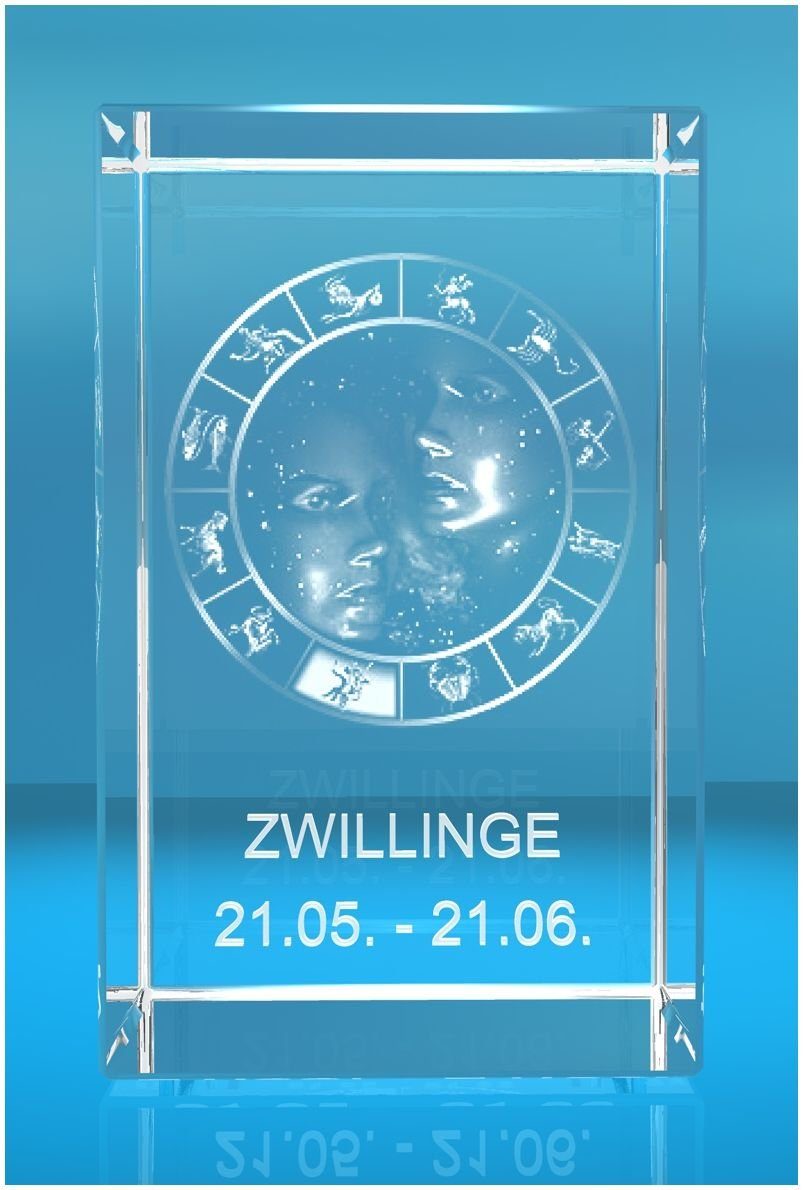 VIP-LASER Dekofigur 3D Glasquader Motiv: Sternzeichen Zwillinge, Hochwertige Geschenkbox, Made in Germany, Familienbetrieb