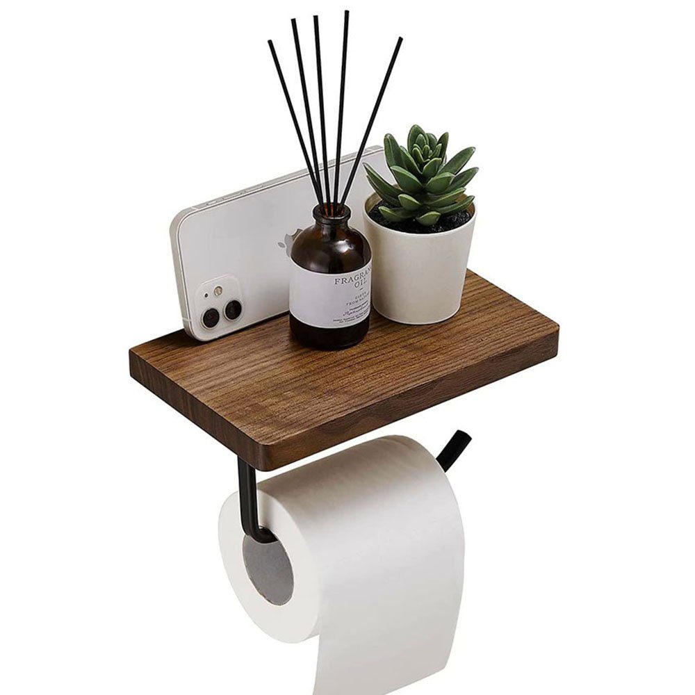 Haiaveng Toilettenpapierhalter Toilettenpapierhalter ohne Bohren mit Ablage, Klopapierhalter Schwarz mit Holzplatte | Toilettenpapierhalter