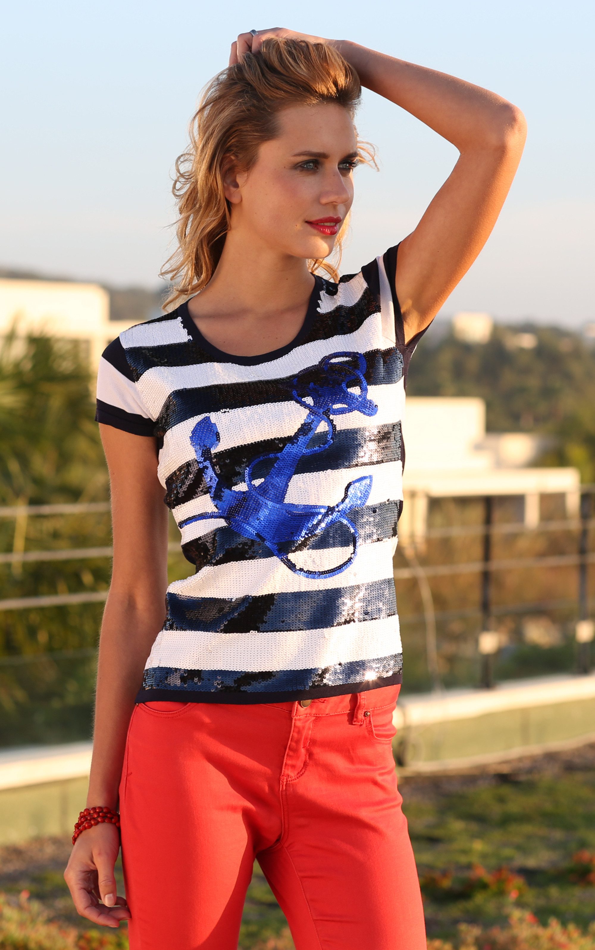 T-Shirt mit Paillettenfront und Anker- und Streifenmotiv