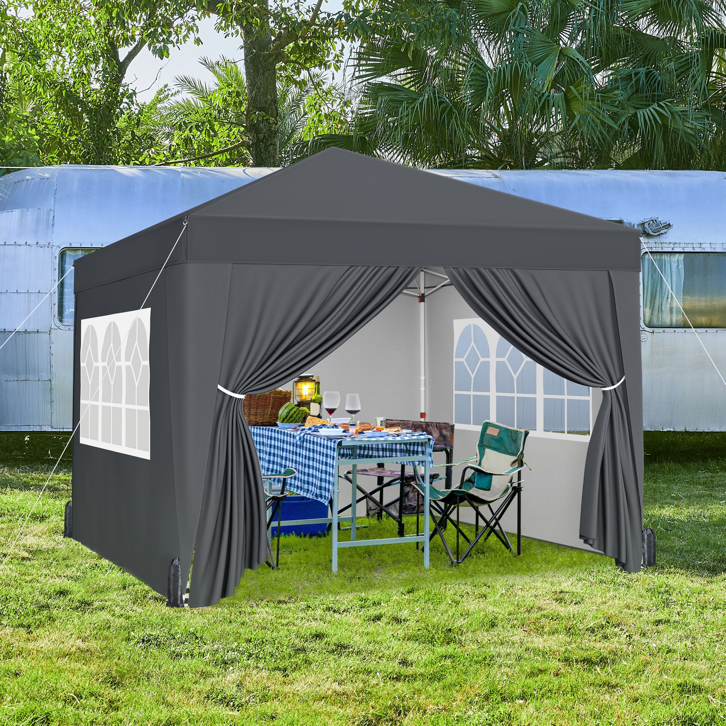 Yaheetech Faltpavillon 3 × 3 m Faltzelt mit 4 Seitenwänden und 2 Intergriterten Fenstern, mit 4 Seitenteilen, Gartenpavillon mit Tragtasche auf Rollen Campingzelt UV Schutz 50+