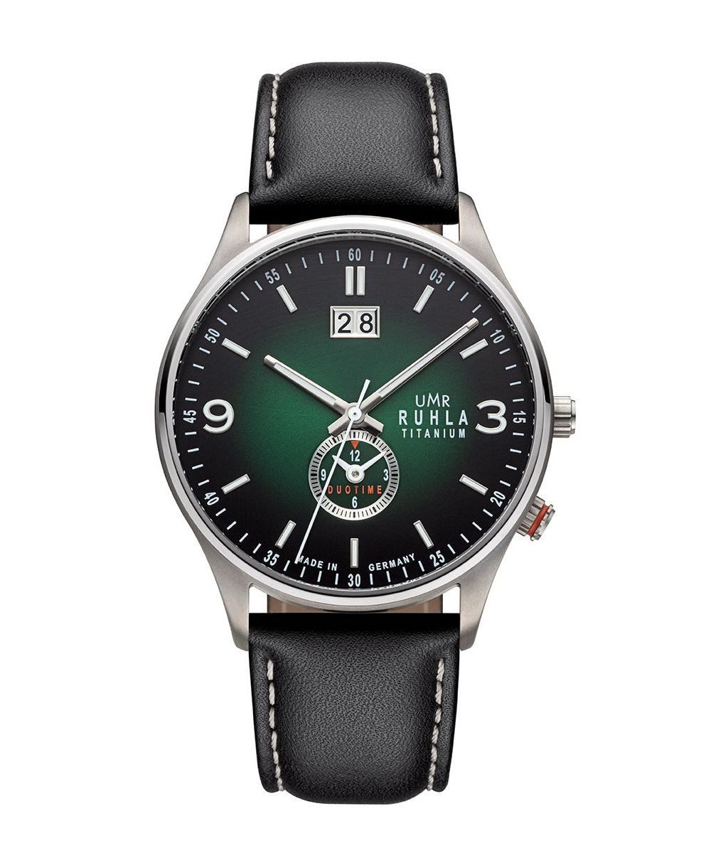 UMR Ruhla Quarzuhr Classic Big Date Titan Herrenuhr, 42 mm, schwarzes Lederband, 17083, Made in Germany