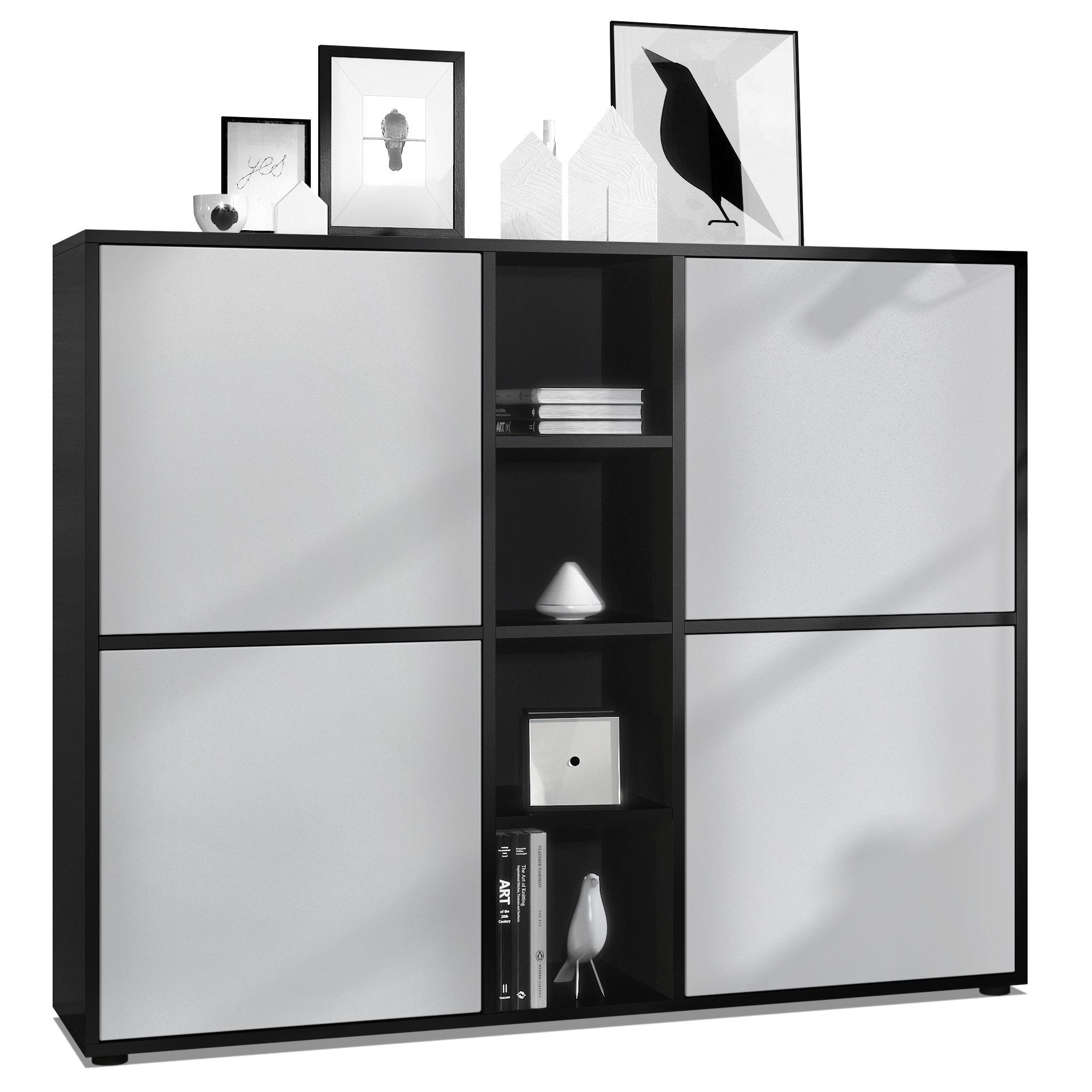 Vladon Highboard Cuba V3 (Highboard, Schrank Anrichte Cuba V3 mit 12 Fächern), in Schwarz matt / Fronten in Hellgrau seidenmatt (130,5x105,5x35,5 cm)