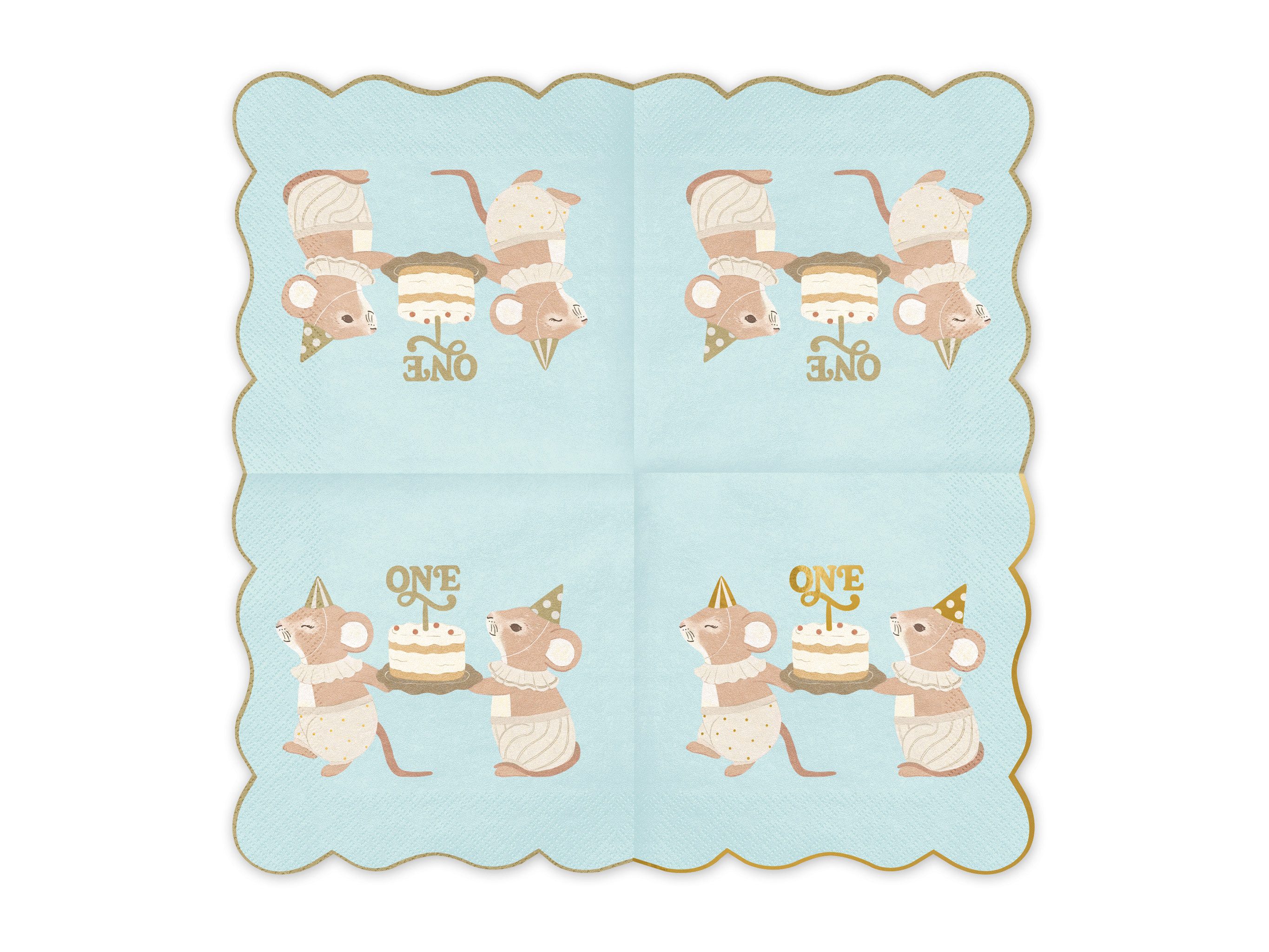 partydeco Papierserviette, Servietten Papier 33x33cm 2-lagig 12 Stück ONE mit Mäusen Blau / Gold