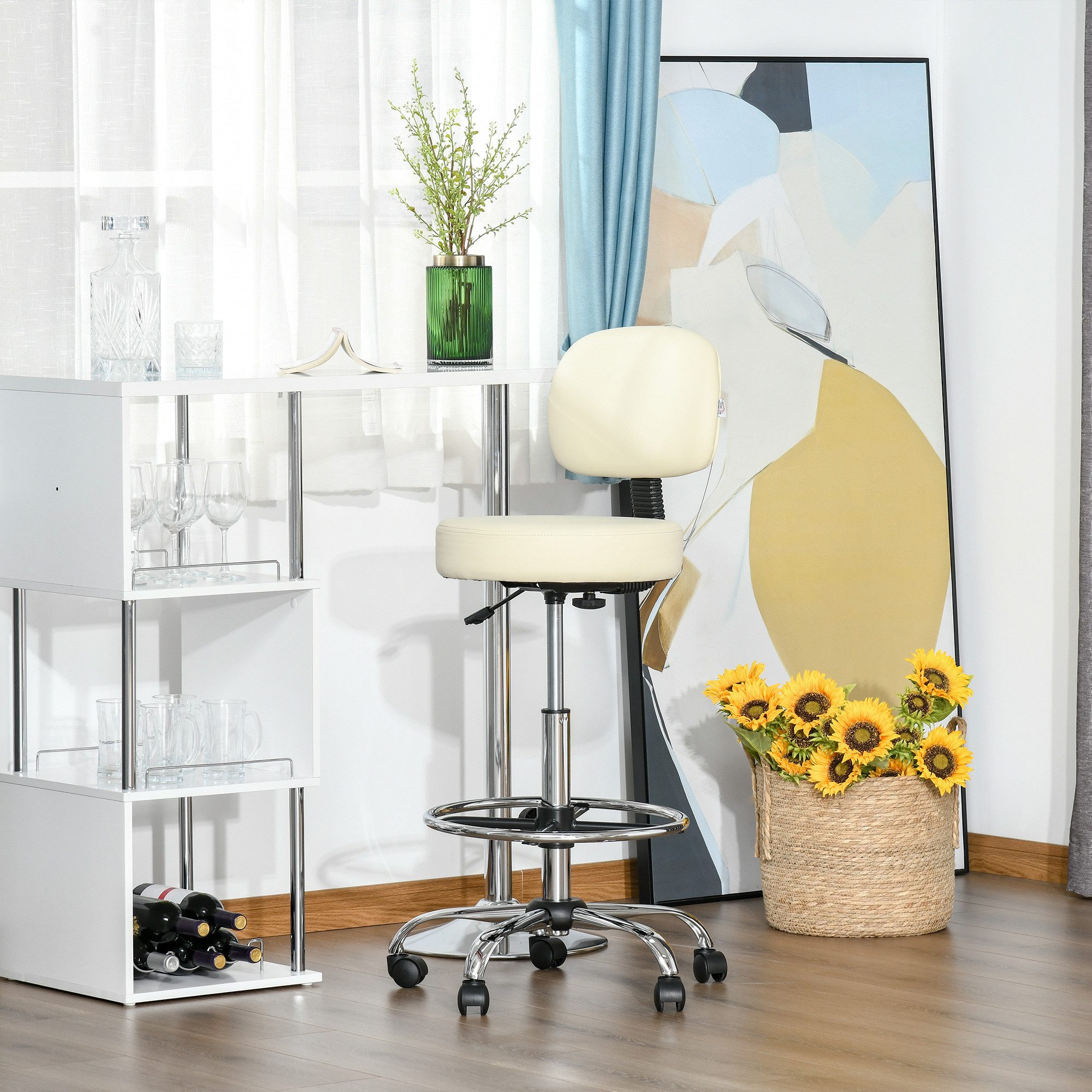 HOMCOM Barhocker Barstuhl höhenverstellbar, Küchenstühle 360° drehbar (Bürohocker, 1 St., Drehstuhl), Beige 56 x 57 x 104-127 cm