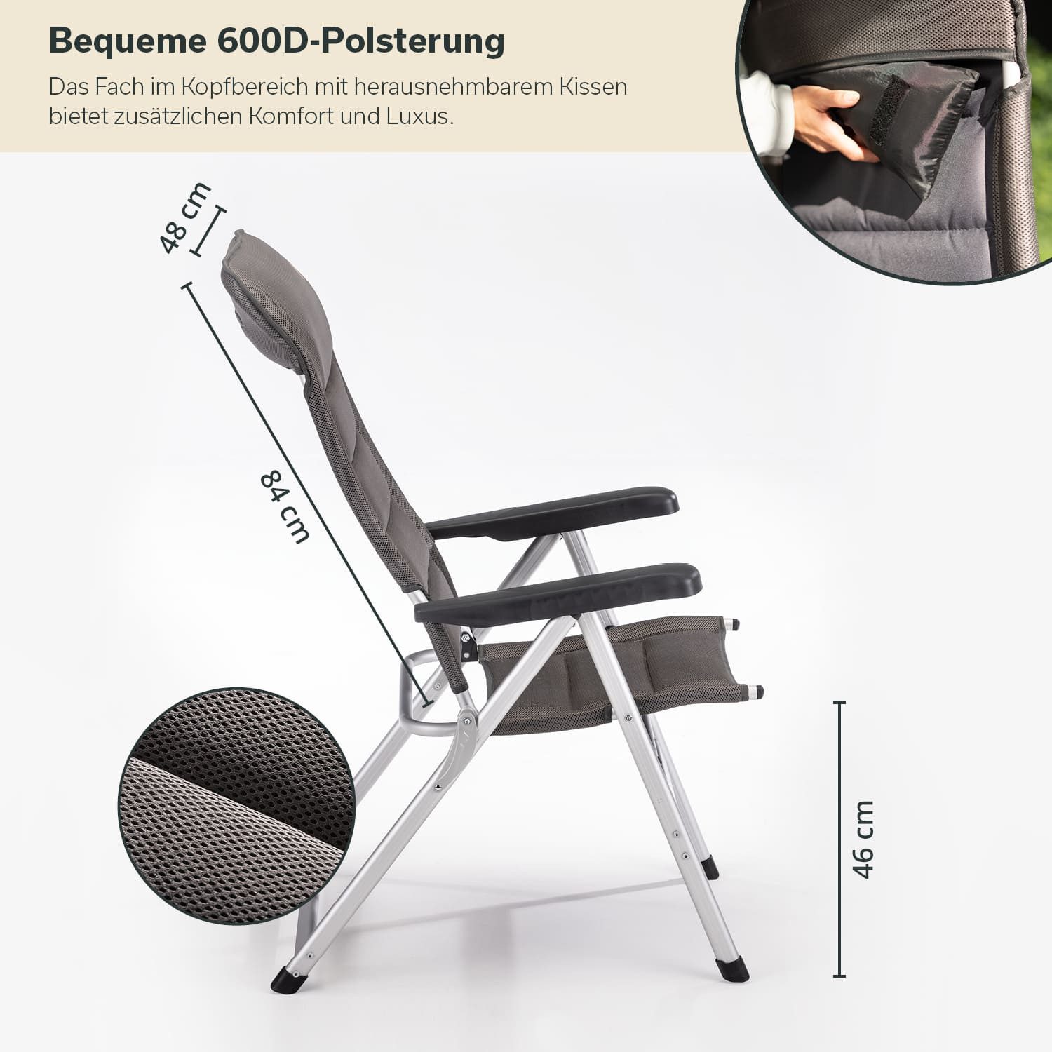 Skandika Campingstuhl Alu-Hochlehner Lepola, Gartenstuhl faltbar, klappbar aus Aluminium (Anti-Rutsch-Füße, bis 180 kg), 7-Fach verstellbare Rückenlehne, gepolstert, hohe Lehne, Kopfstütze