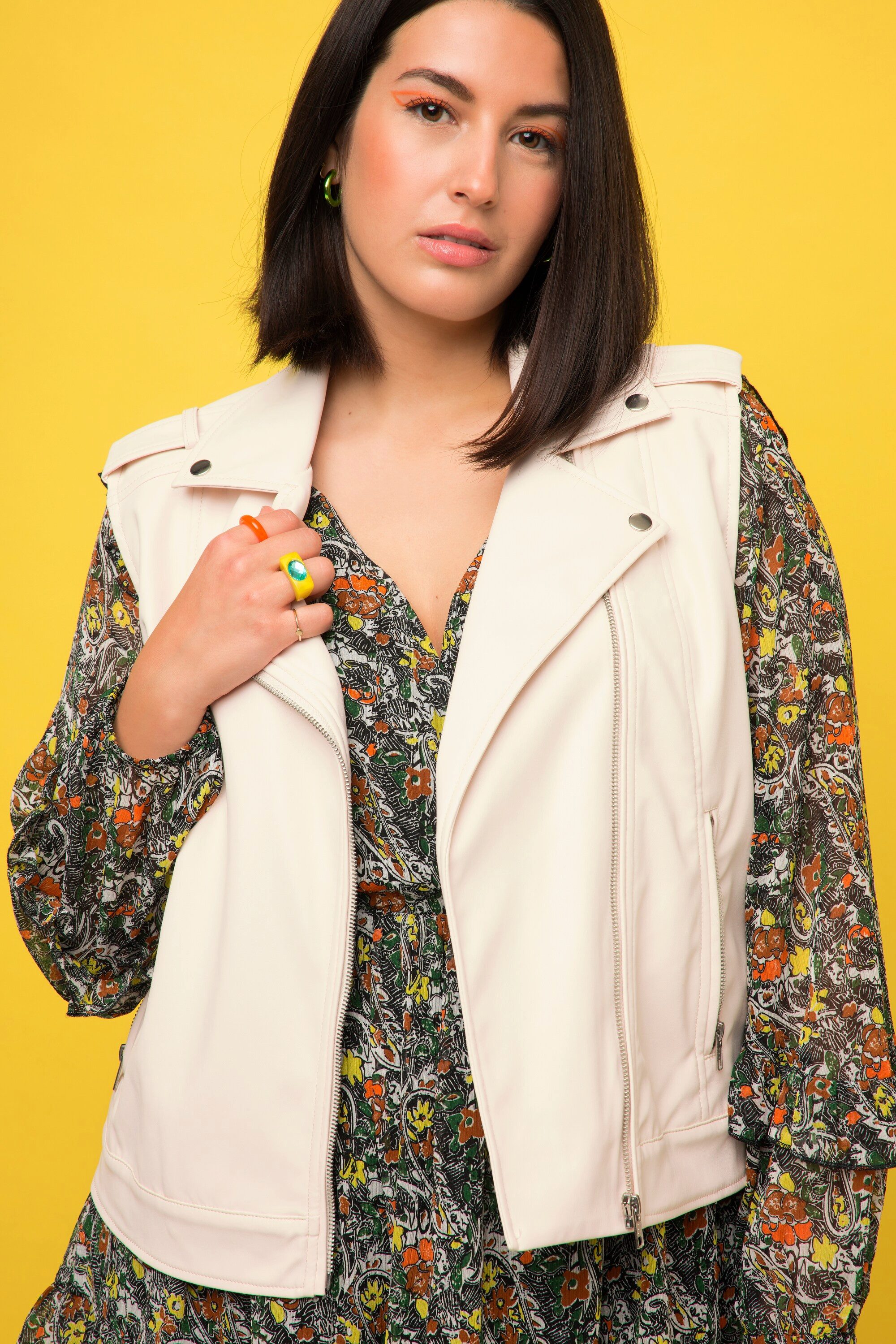 Studio Untold Steppweste Biker Weste Loose Fit Revers Zipper Lederoptik