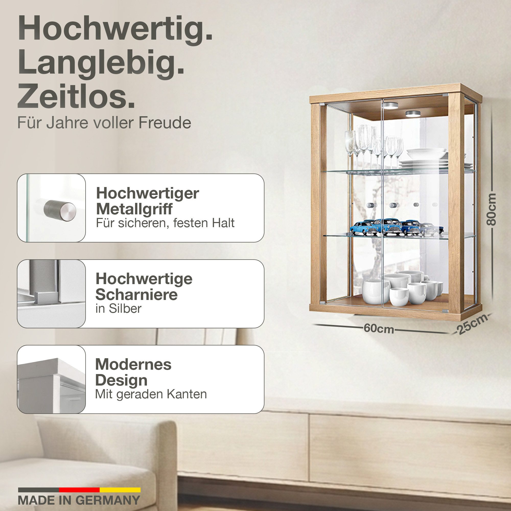 K-Möbel Hängevitrine C1013 (Glasvitrine (80x60x25 cm) mit 2 Glastüren)