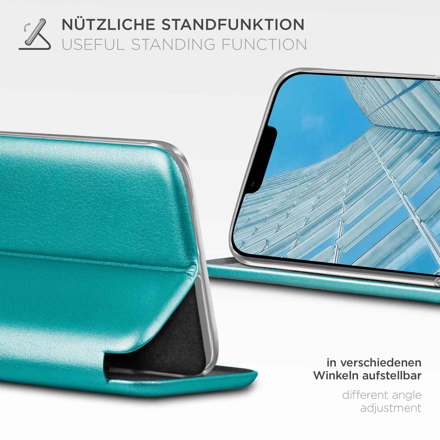 ONEFLOW Handyhülle für iPhone 14 Plus Premium Hülle Business Cover Blau 6,7 Zoll, 360 Grad Schutzhülle Flip Case Etui Klapphülle Dünn Leder Handy Tasche