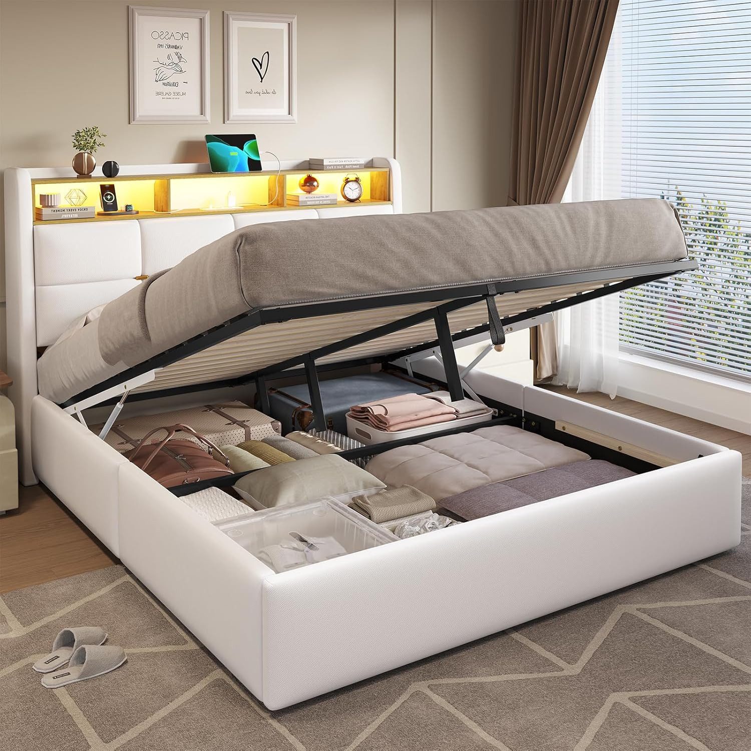 MSMASK Polsterbett mit LED Beleuchtung und Steckdosenleiste, hydraulisches günstig online kaufen