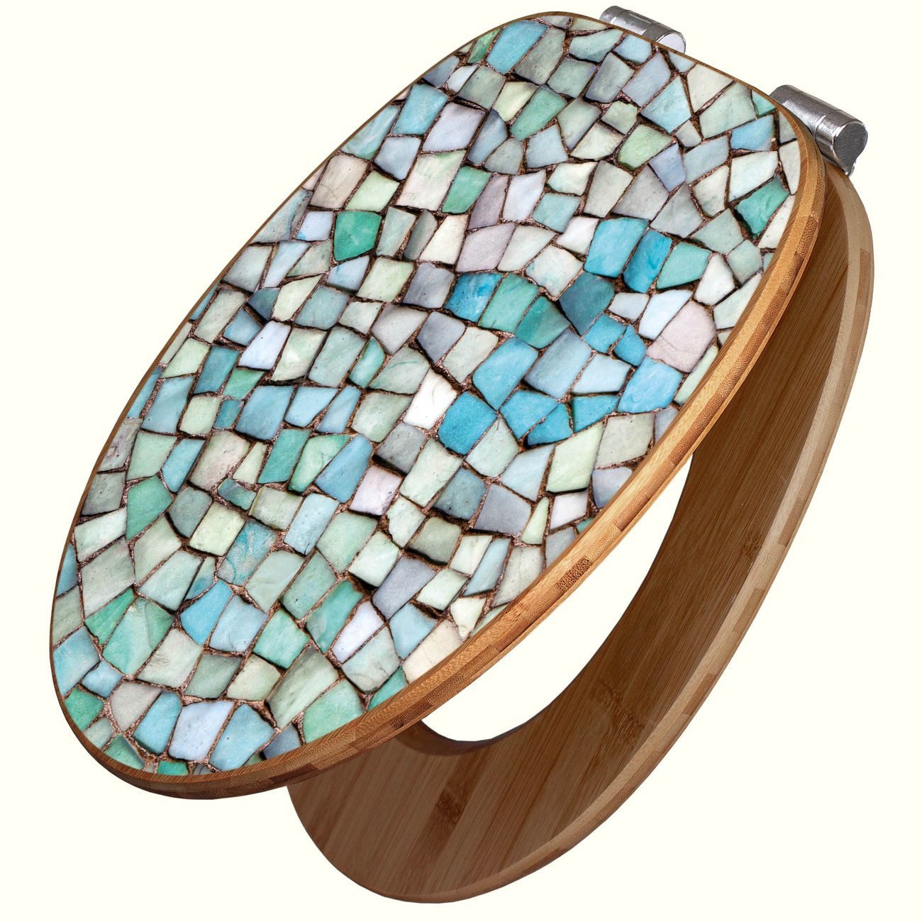 banjado WC-Sitz aus Bambus mit Absenkautomatik Motiv Mosaik Blau (umweltfreundliches Material, integrierte Absenkautomatik), 45,8 x 37,5 x 5 cm