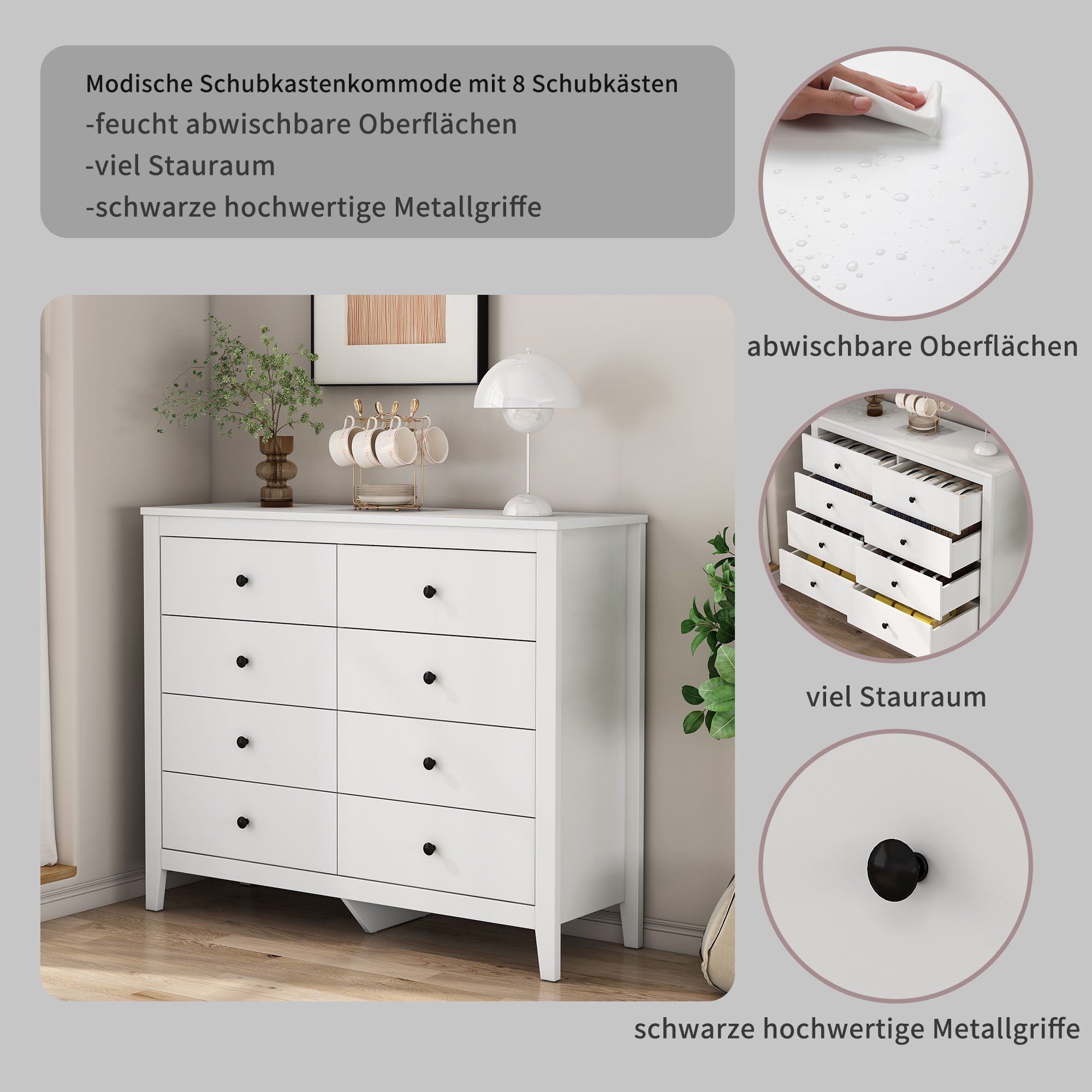 OTTO home Schubkastenkommode Borkum Sideboard Anrichte mit 6 Schubladen Landhaus weiß (schwarze Griffe aus Metall), Kommode Schrank Wäscheschrank mit 8 Schubladen