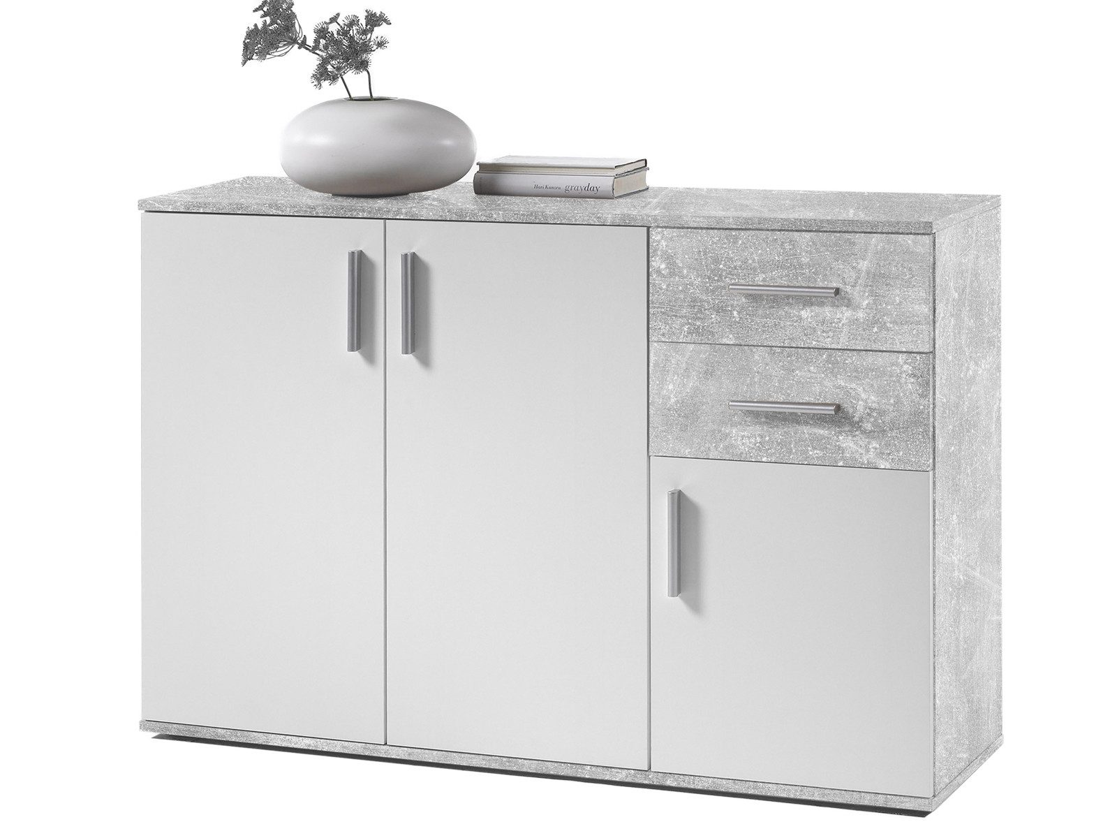 Bega Consult Kommode aus Spanplatte, in Beton/Weiß, mit 3 Türen, 2 Schubkästen (B/H/T 120 x 82 x 35 cm)