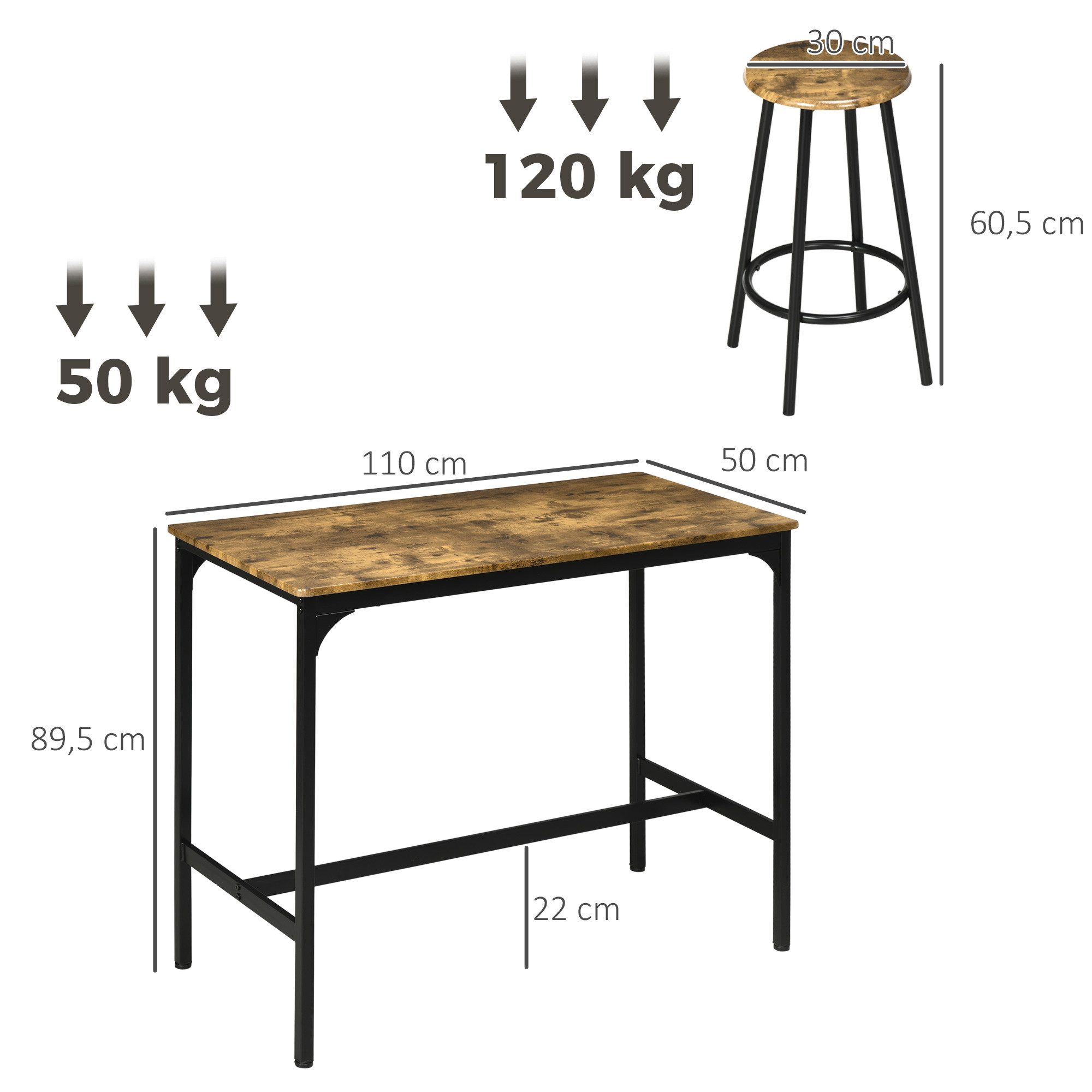 HOMCOM Bargruppe Bartisch mit Barhocker-Set mit 4 Barhocker Küchentisch, (Essgruppe, 5-tlg., Bartisch-Set), Rustikal-Braun MDF Eisen