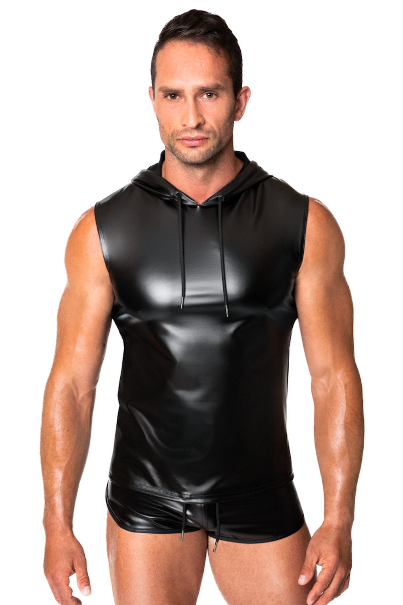 Noir Handmade Men Collection T-Shirt Ärmelloses schwarzes Herren Kapuzenshirt mit Zwei-Wege Reißverschluss